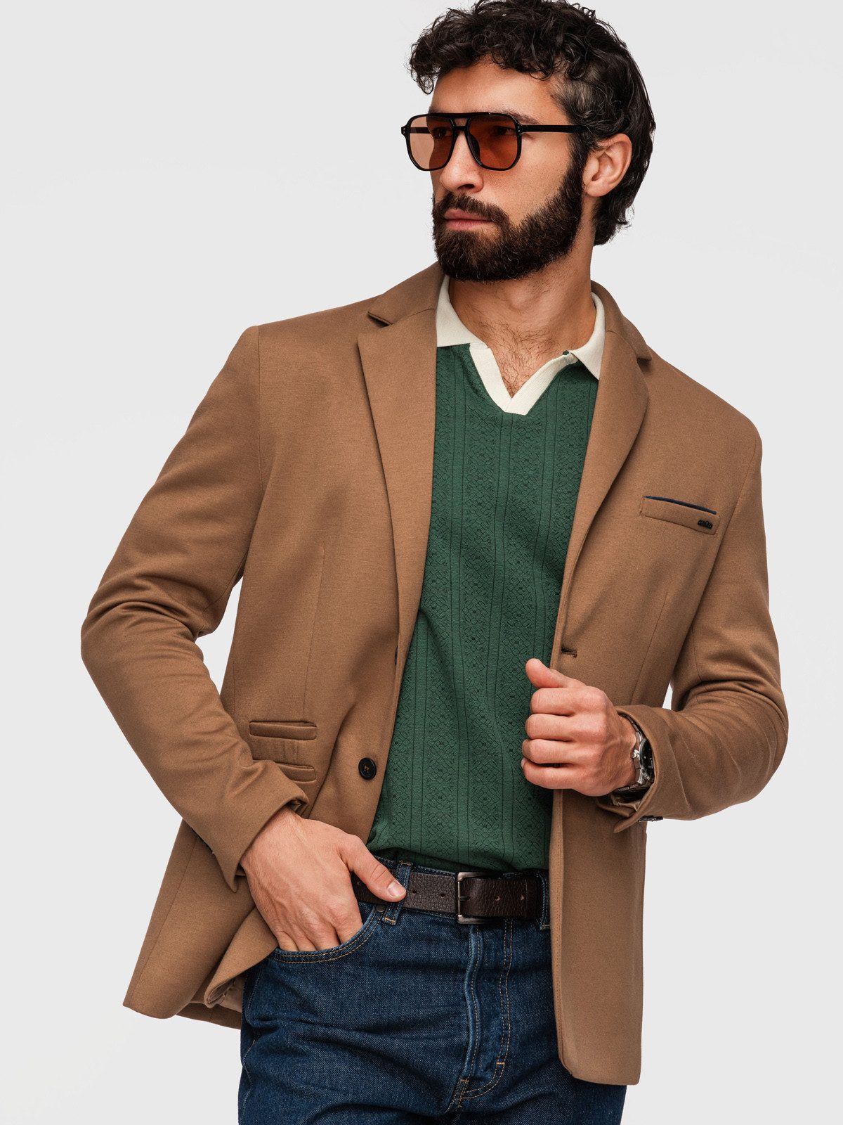 OMBRE Anzugsakko Herren Blazer Slim Fit Business Casual Hellbraun M (kein Set, 1-tlg) Slim Fit Passform