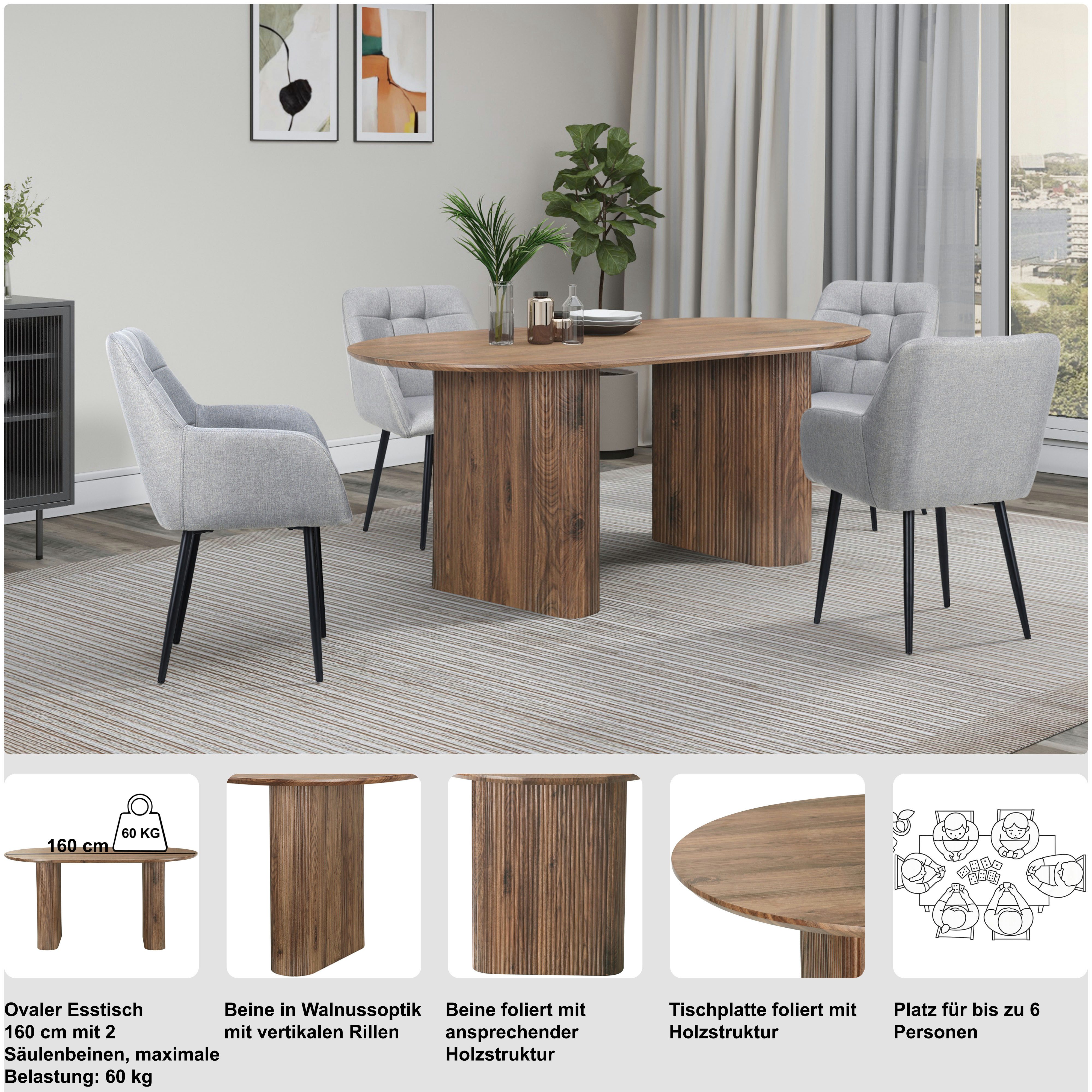 OTTO home Esstisch Bostonia, ovaler Esstisch, Beine mit Rillenstruktur, pflegeleicht, Höhe 76 cm