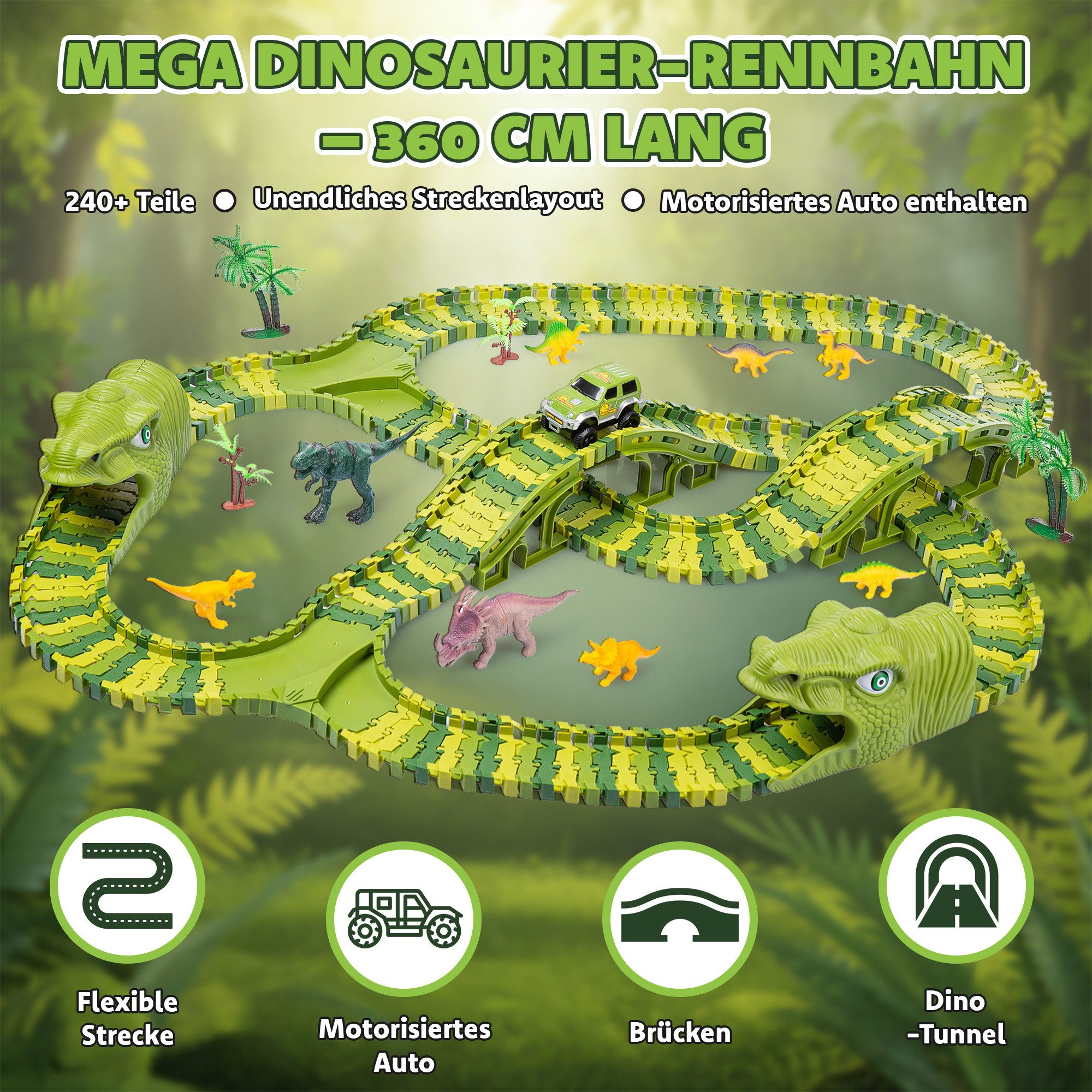 kinderplay Autorennbahn Dinosaurier Rennbahn 360 cm – flexibles Spielset – kreativer Bauspaß