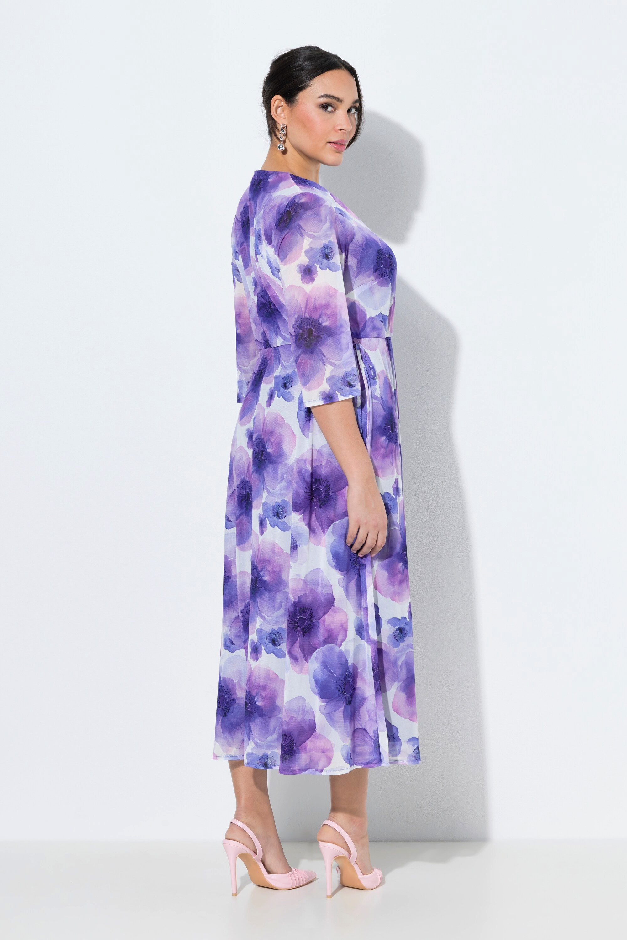 Ulla Popken Abendkleid Maxikleid Blüten dopellagig V-Ausschnitt Halbarm