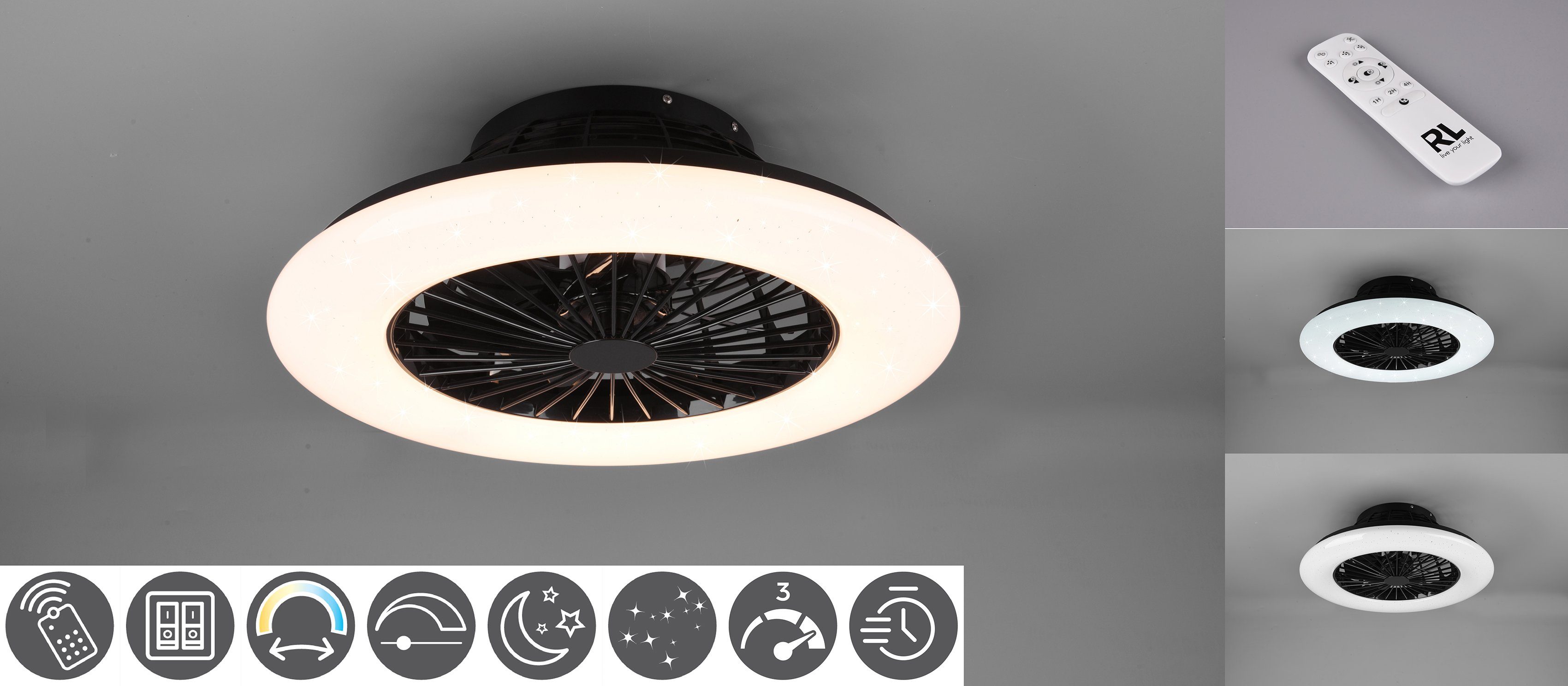 TRIO Leuchten LED matt Neutralweiß, Stralsund, mit getrennt Ventilator Ventilator, Deckenleuchte integriert, Fernbedienung., schaltbar schwarz Ventilatorfunktion, Timerfunktion, LED fest Leuchte