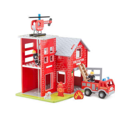 New Classic Toys® Spielzeug-Feuerwehr Feuerwehrstation - Feuerwache Junior 41 cm Holz rot 7-teilig