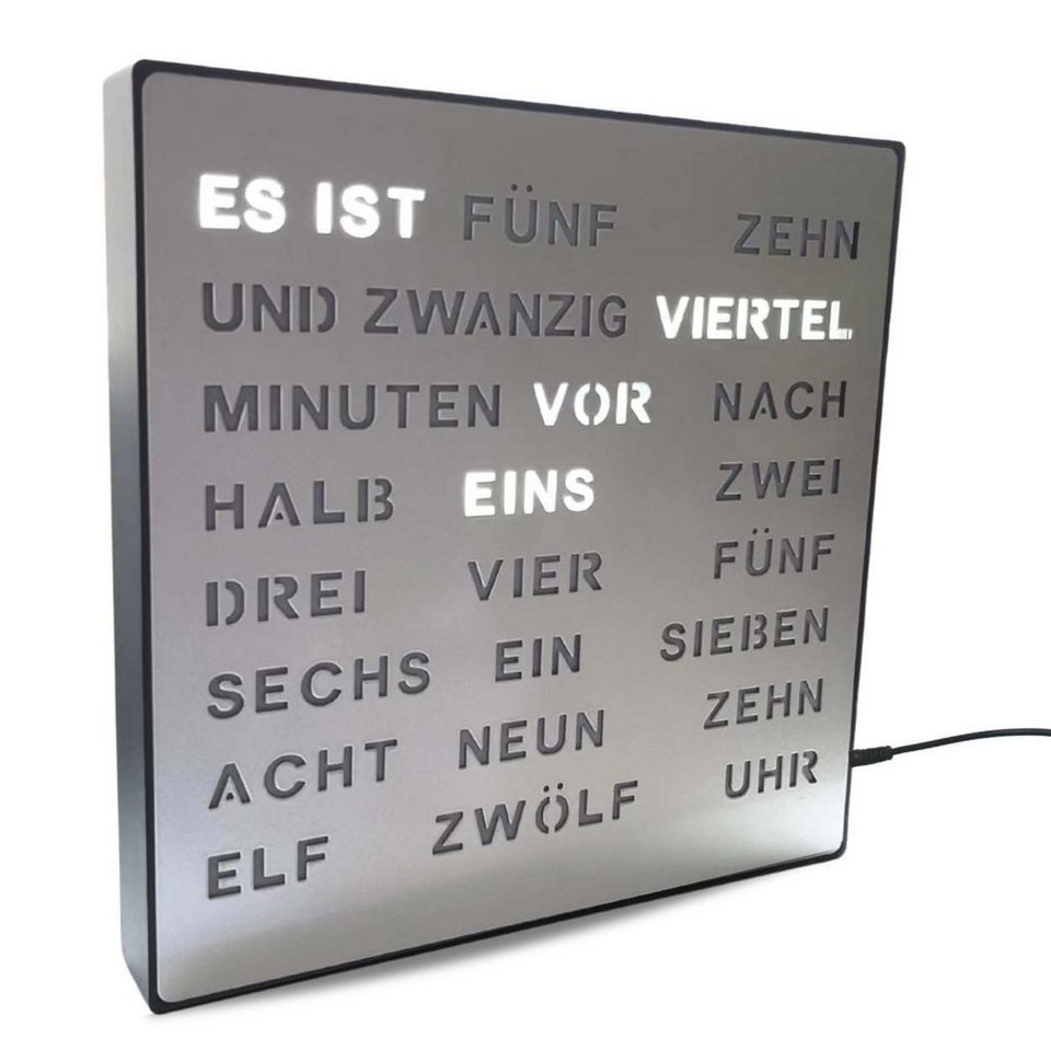 Bada Bing Uhr LED Wortuhr Tischuhr Wanduhr Metall Optik Silber Uhr mit USB  Kabel (LED Beleuchtung, Zeitanzeige in Worten)
