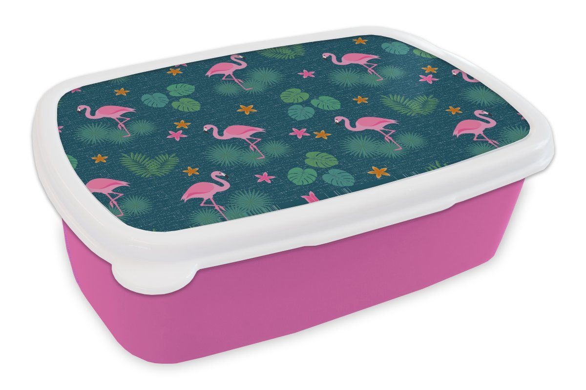 MuchoWow Lunchbox Flamingo - Pflanzen - Muster, Kunststoff, (2-tlg), Brotbox für Erwachsene, Brotdose Kinder, Snackbox, Mädchen, Kunststoff rosa