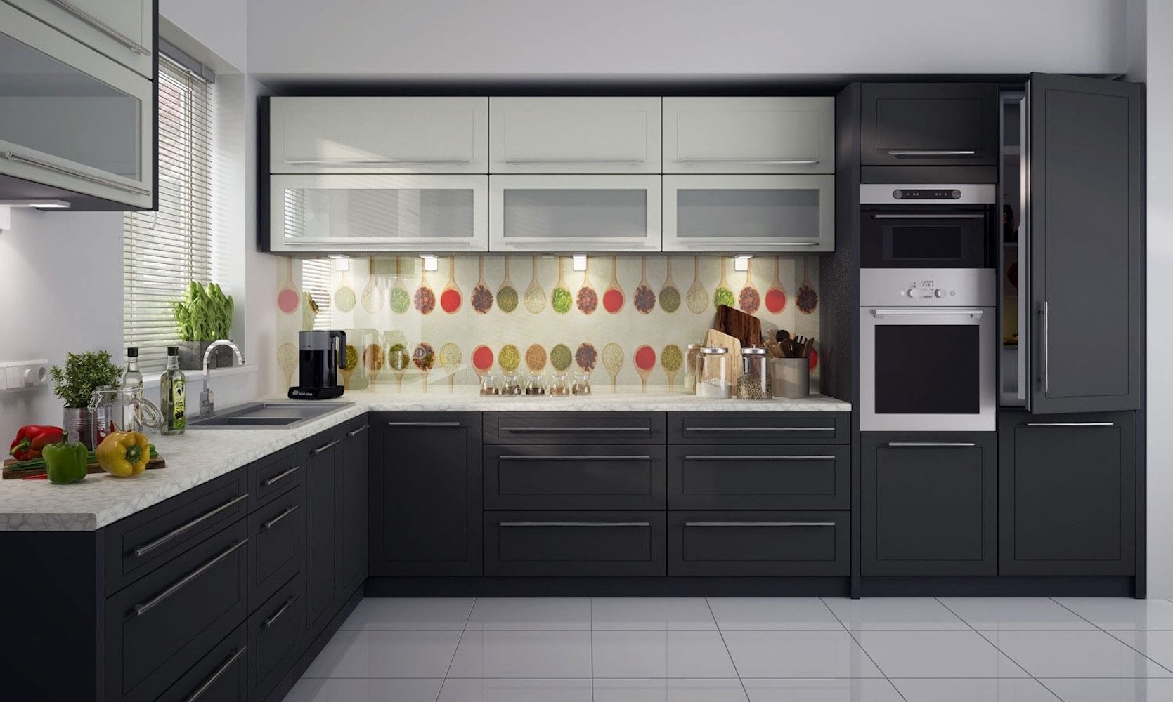 Feldmann-Wohnen Winkelküche Kvantum, (Schubladen mit Teilauszug - Selbsteinzug (Blum Metabox), 385x253x207cm L-Form Korpus lava / Front vanille - graphit matt