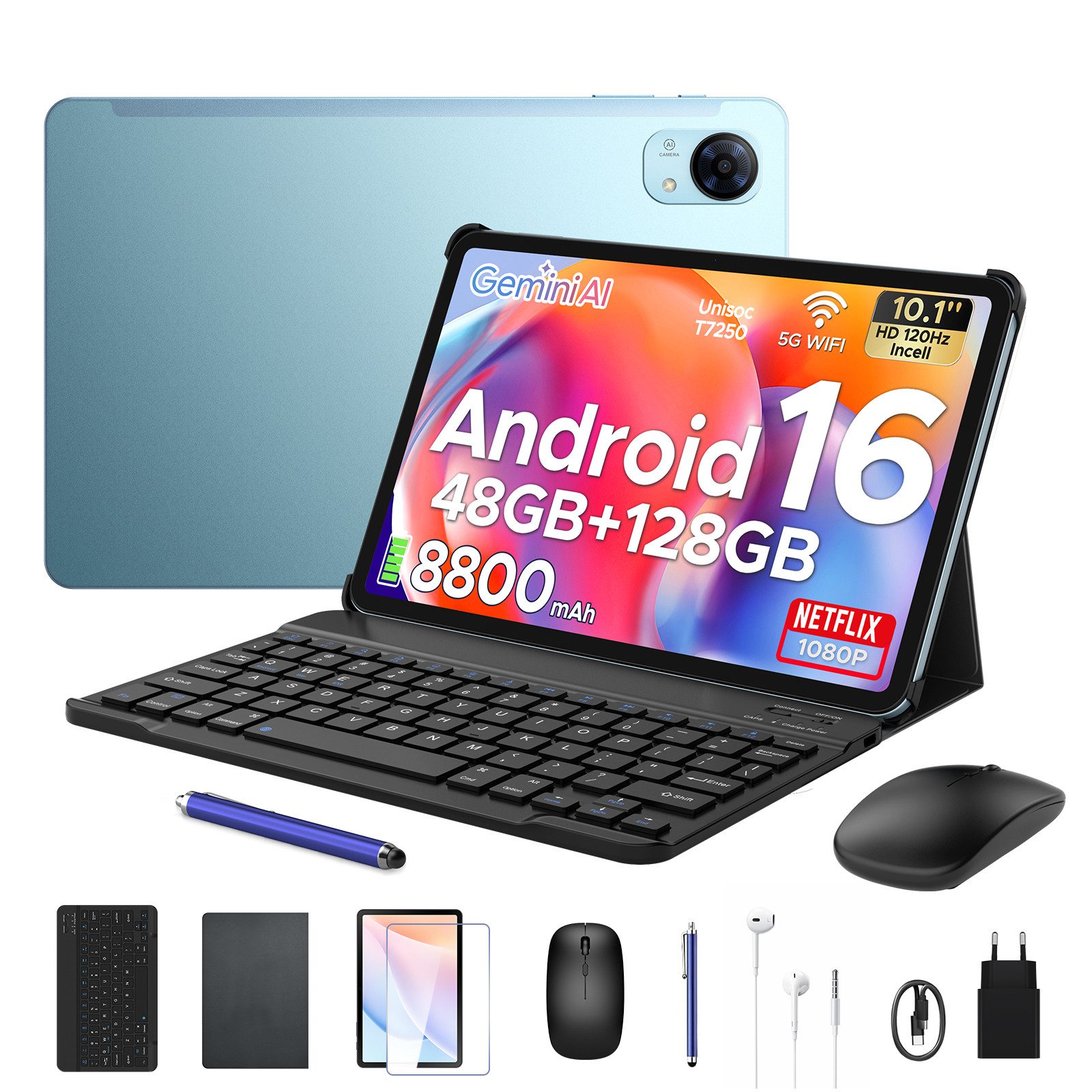 POCKAM P10 Pro Android 16 Tablet 10 Zoll 120Hz, 8800mAh Akku, mit Tastatur Tablet (10,1", 8 GB, Android 16, 13 MP, Gemini AI, 5G WiFi/Widevine L1/GPS/Face ID/zwei Lautsprecher)