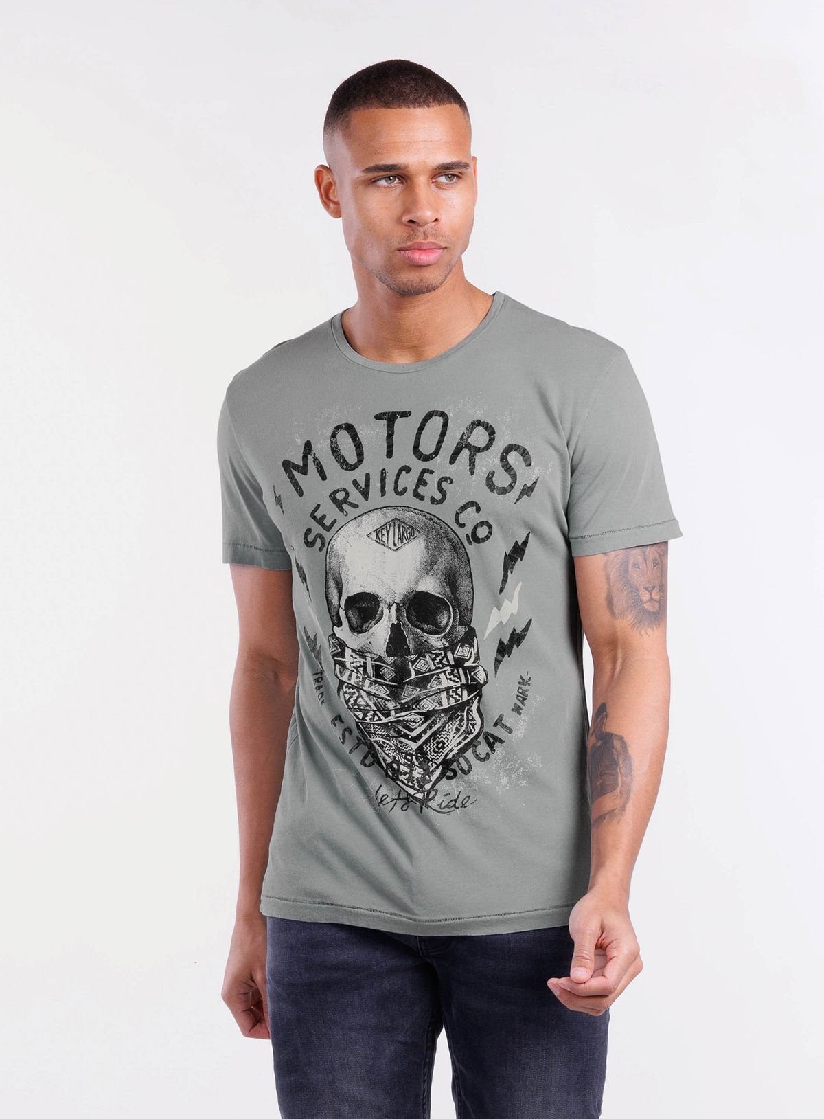 slim Look bedruckt Skull Service kurzarm Key vintage T-Shirt fit Rundhals-Auschnitt grey MT00511 Motor Biker (1119) round Largo slate