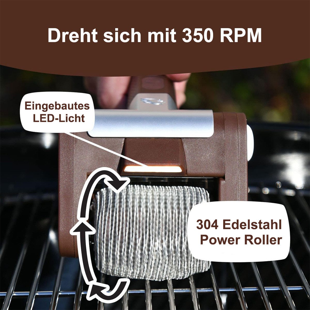 DOPWii Elektro-Oberflächenbürste Elektrischer Grillreiniger mit LED-Licht – Kein Vorheizen, Grillbürste, 1-tlg., Reinigungsbürste,Spülmaschinenfest, für Outdoor BBQ