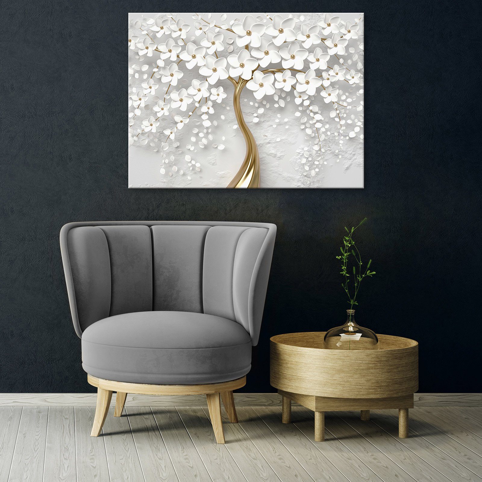 Blumen Wohnzimmer Bilder Wallarena Moderne Bild Leinwand Leinwandbild Baum Kunstdruck Wandbild Gold Wandbilder Groß Auf Magnolie für Leinwandbilder Canvas Aufhängefertig Schlafzimmer, (Einteilig), XXL Modern