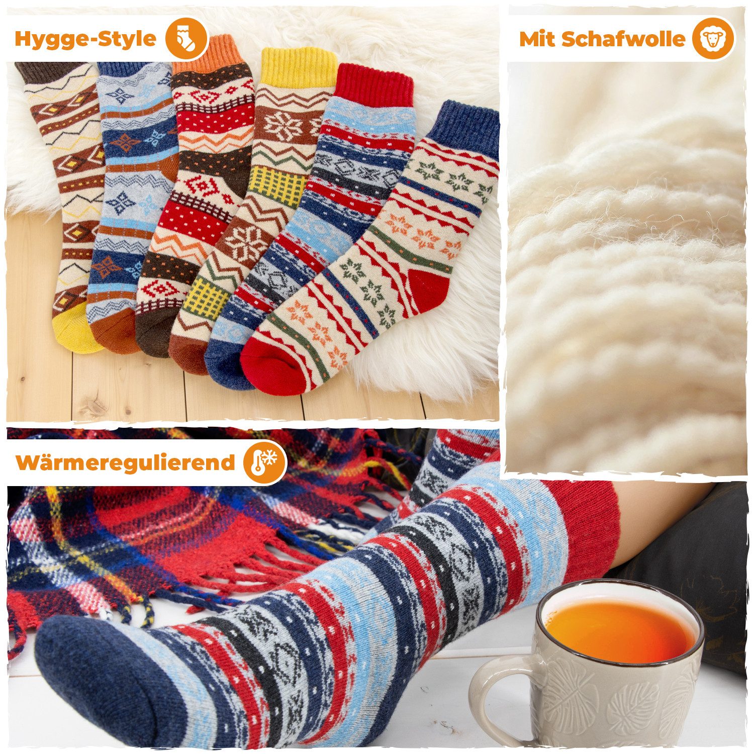 Footstar Thermosocken 2 Paar Warme Hygge Winter Wollsocken im Vintage-Design