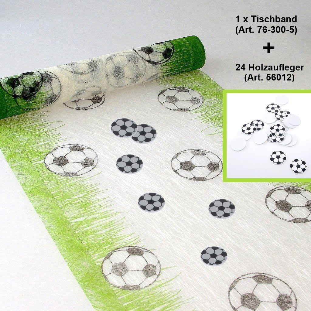 Deko AS Tischläufer Sizoflor Fußballtischläufer- Tischband-Weiß-Grün-Schwarz-30 cm Breite- (1 Set, 1 Tischläufer mit Fußballmotiv und passende Dekostreuer aus Holz), mit Fußbällen bedruckt