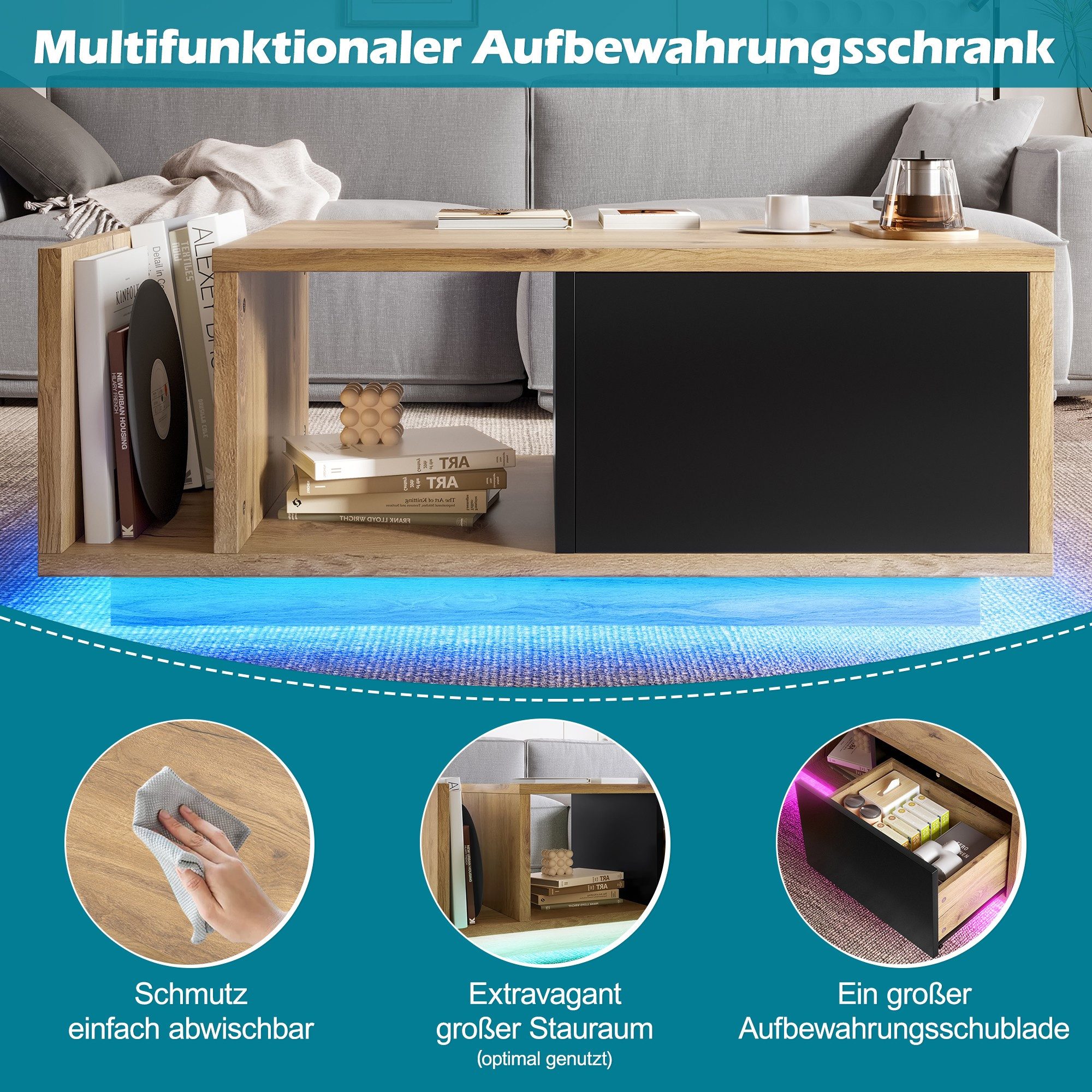 LVHOM Couchtisch Retro Sideboard mit LED & Cleverem Stauraum // Holz-Metall-Design (Stauraum (offenes Fach + Schublade + Trennstege), LED-Steuerung für atmosphä – Bild 5 von 5