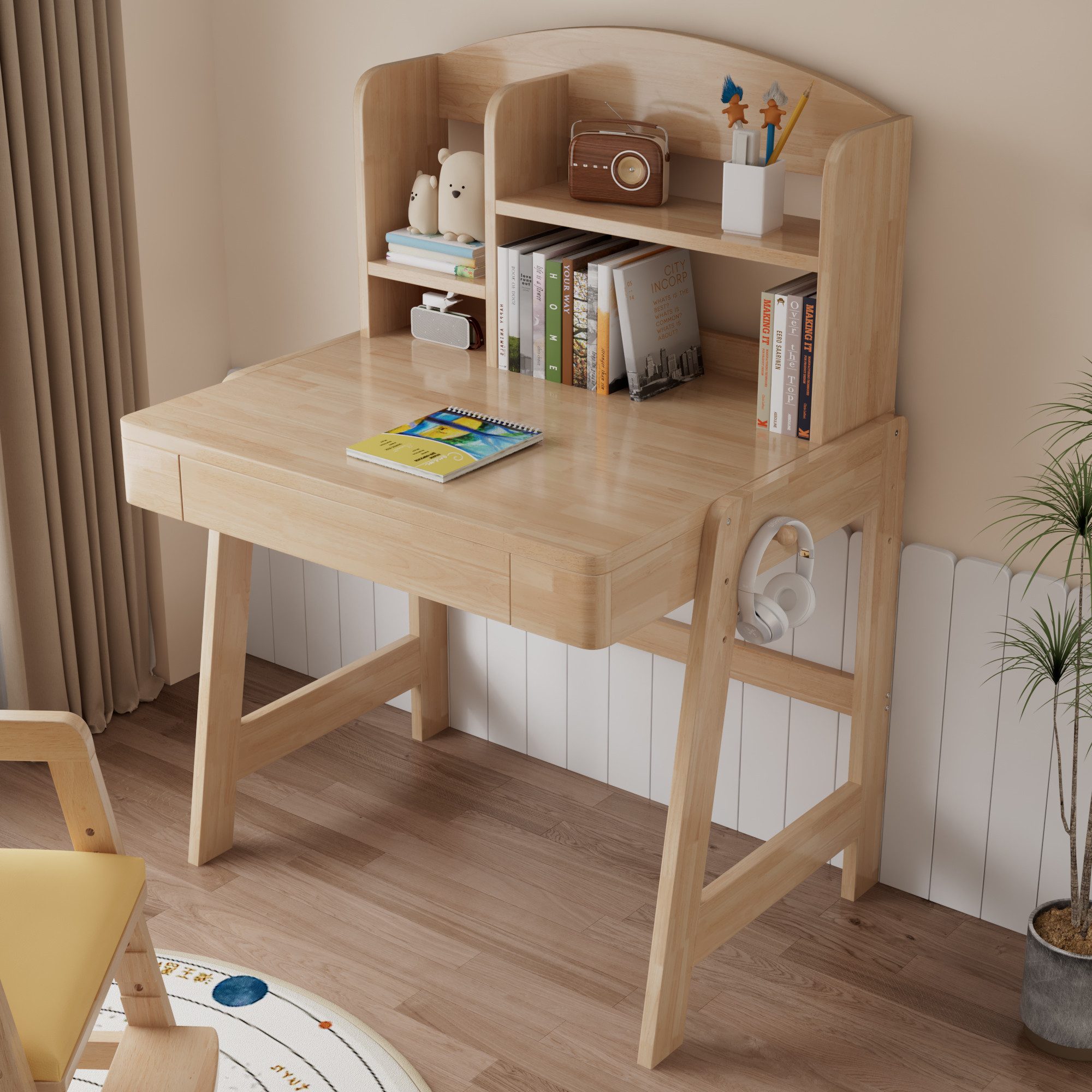 STILVORA Schreibtisch Höhenverstellbarer Kinderschreibtisch mit Schublade aus Massivholz (Kinderschreibtisch Massivholz, höhenverstellbar, Schublade, Haken, Massivholz, stabil, sicher, Stauraum, verstellbar, natur), für Kinderzimmer, Lernen, Schreiben, Hausaufgaben, Alltag