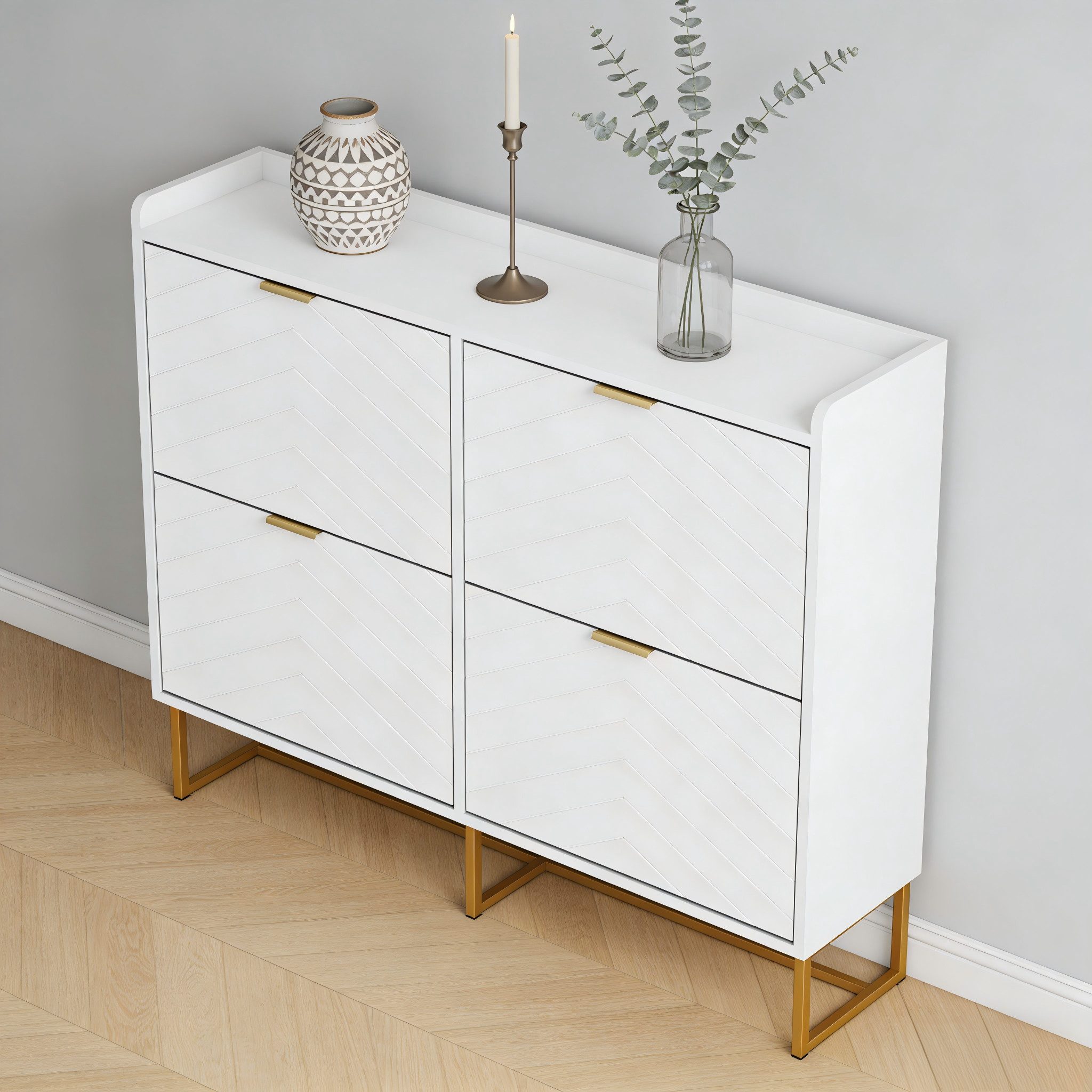 UEV Schuhschrank mit 4 Klappen, Schuhkipper Schmal, Schuhregal mit Metallfüße (Packung, Modern Schuhaufbewahrung mit Oberplatte Schuhkommode mit Kippsicherung) trennwände verstellbar und abnehmbar für verschiedene Schuhtypen