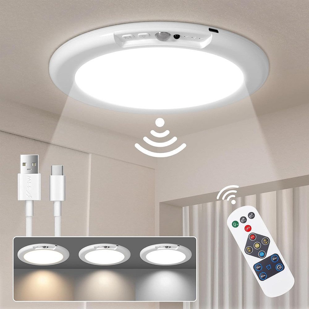 Lapalife LED Deckenleuchte Akku Magnetisch Deckenlampe mit Bewegungsmelder Innen, Dimmbar, LED fest integriert, 3 Farbtemperaturen Aufladbare Lampe für Treppe Balkon Garage