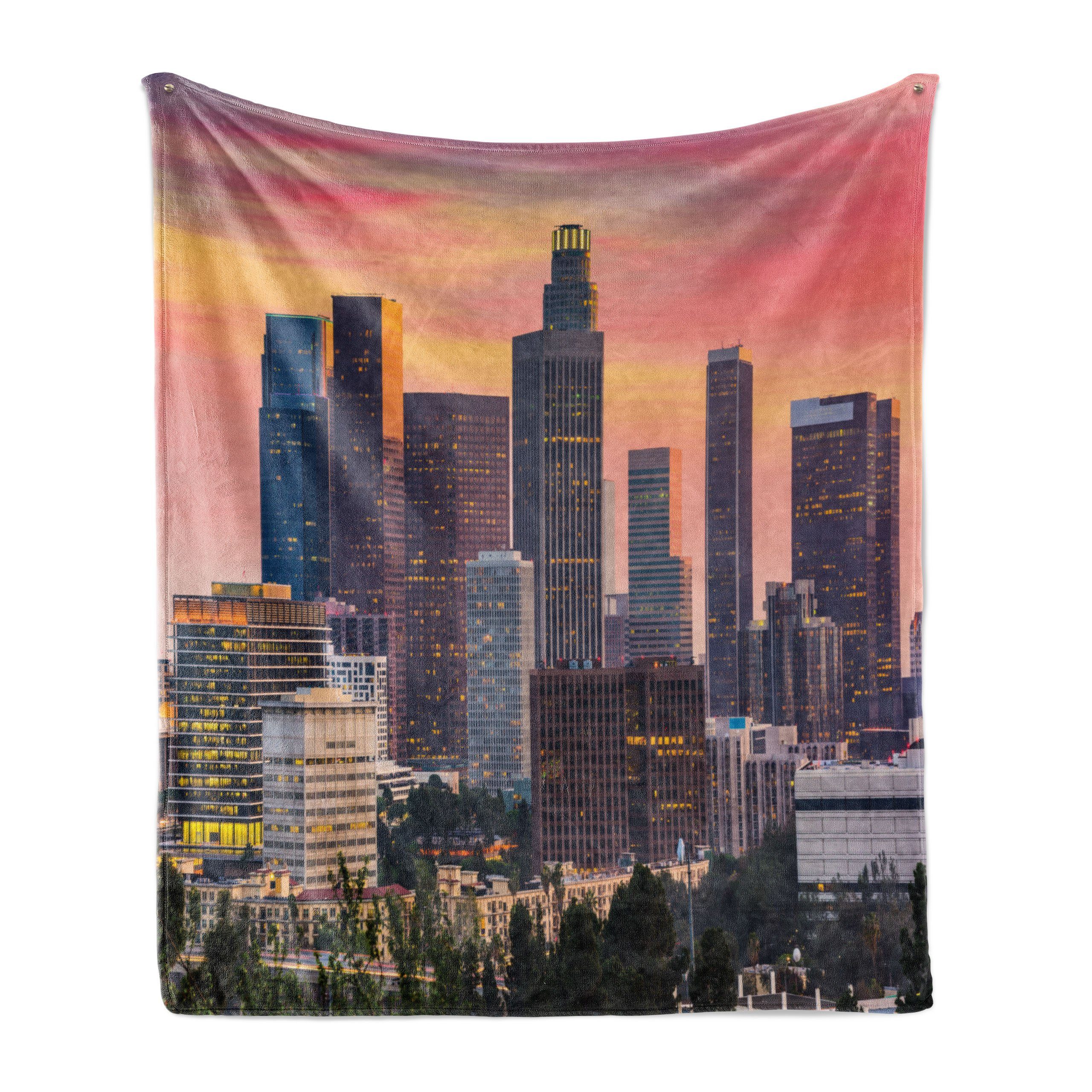 Wohndecke Gemütlicher Plüsch für den Innen- und Außenbereich, Abakuhaus, Stadt Los Angeles Skyline orange Himmel