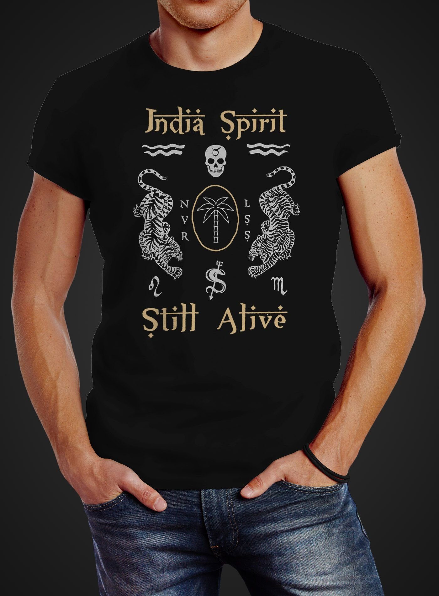 Neverless Print-Shirt Neverless® Herren T-Shirt Motiv Spirit Indien Totenkopf India Streetstyle mit Schriftzug schwarz Print Tiger Fashion