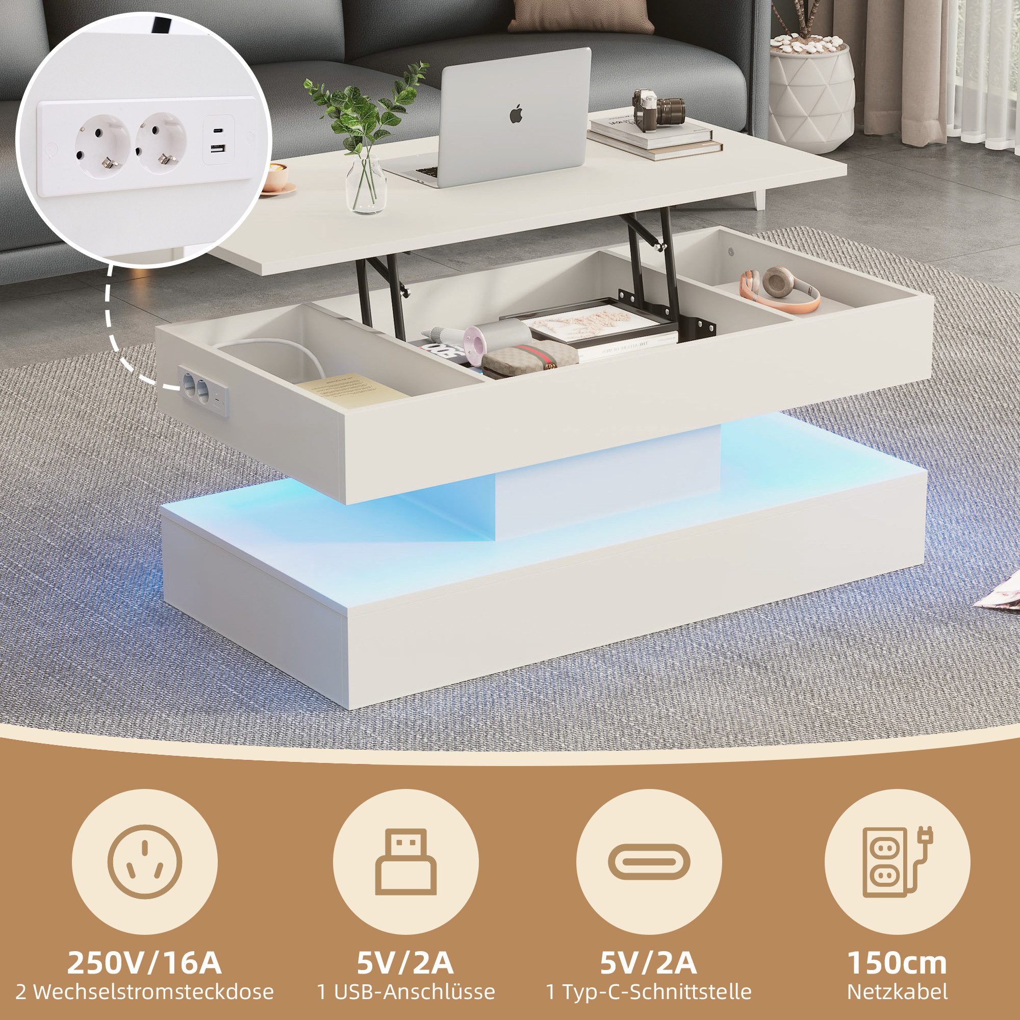 OKWISH Couchtisch Beistelltisch mit hydraulischem Hub (Satztisch, Wohnzimmertisch, 1-St., 50 kg belastbar), mit LED-Beleuchtung und verstecktem Stauraum