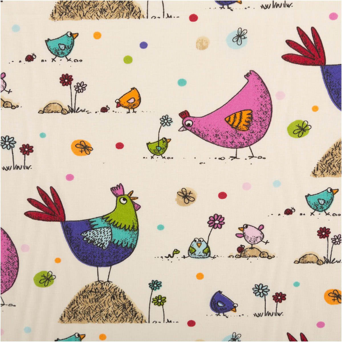 SCHÖNER LEBEN. Stoff Baumwollstoff Cretonne Zazou Hühner Weiß Bunt Meterware 160 cm breit, allergikergeeignet