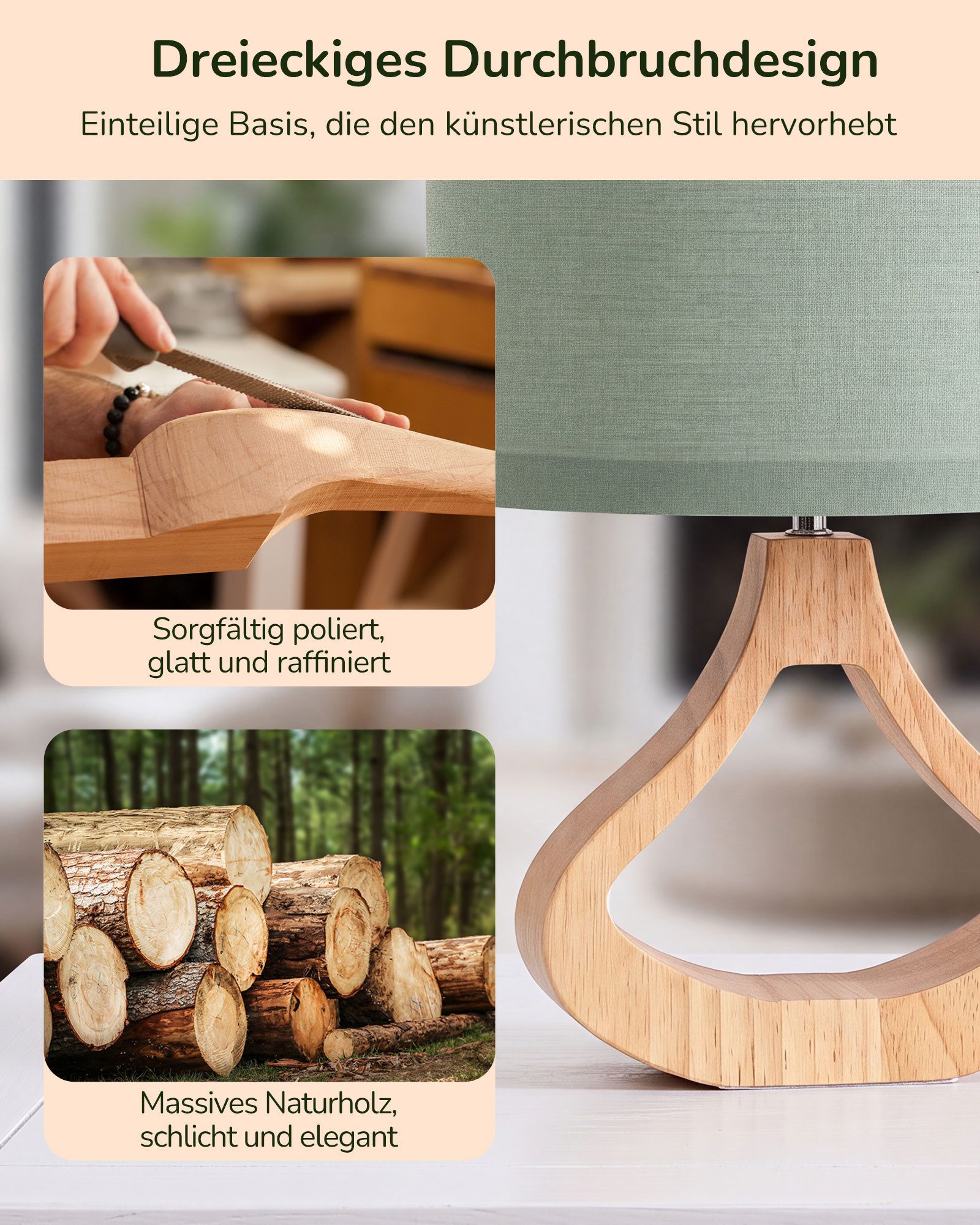 EDISHINE Nachttischlampe Höch 34cm Holz, Holzdeko, LED wechselbar, warmweiß, Lampe mit Ein-/Ausschalter, E27 Fassung mit 2700K LED-Glühbirne