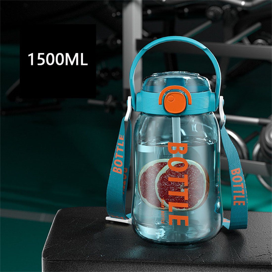 Wasserflasche, Becher blau Strohhalm Kapazität CFYDW Trinkflasche 1500ml Sport große