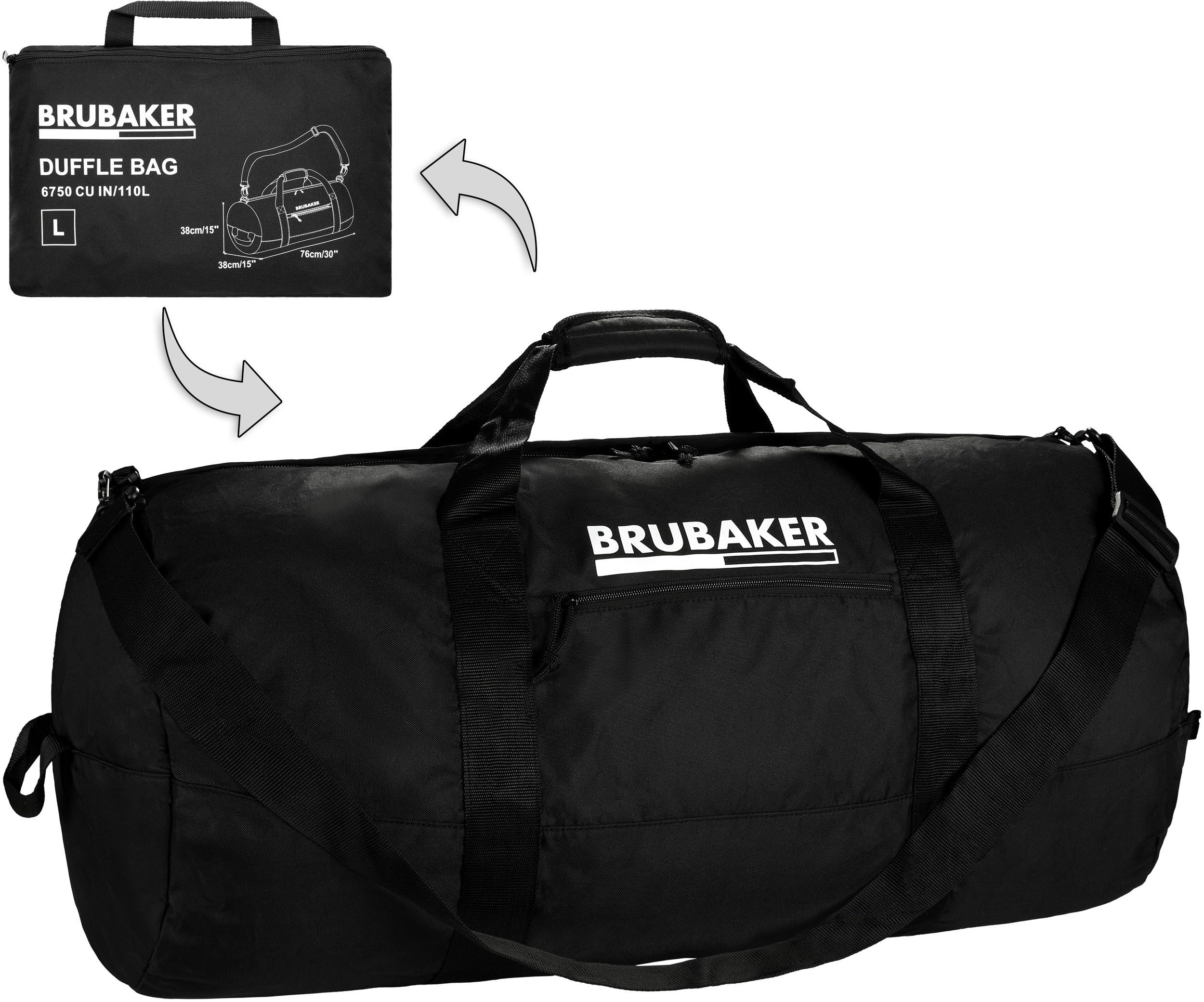 BRUBAKER Reisetasche Große Falttasche - Faltbare Reisetasche Schwarz - Weekender (1-tlg., Leichte Falt-Trainingstasche für Herren und Damen), Wandelbare Sporttasche - Duffle Bag für Reisen, Urlaub, Fitness