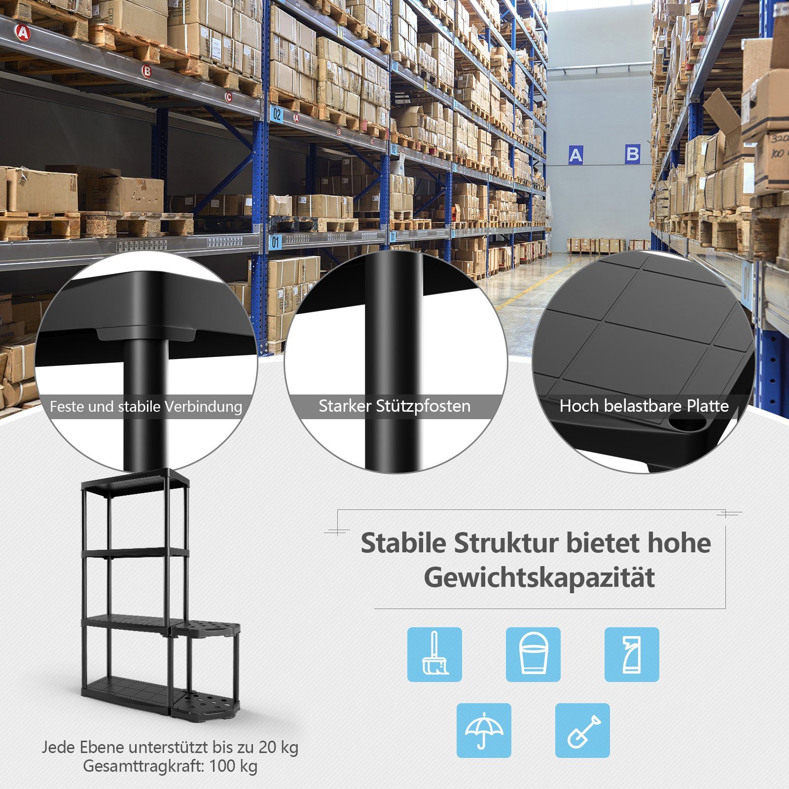 mit 4 Schwerlastregal, Fachböden bis 80kg COSTWAY Fachböden, & 4 Besenhalter,