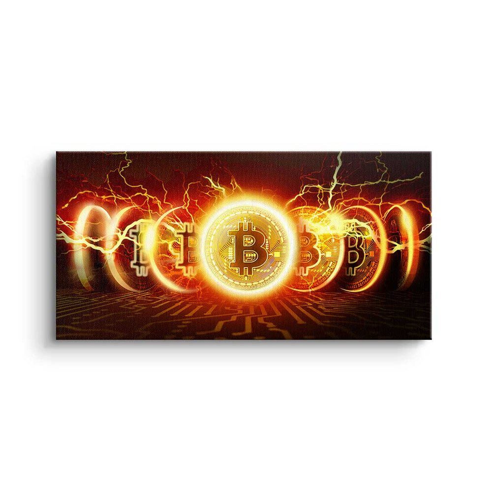 Explosion, Leinwandbild Bitcoin DOTCOMCANVAS® Fire Trading - Premium - Explosion Leinwandbild Bitcoin Rahmen - Crypto Fire goldener
