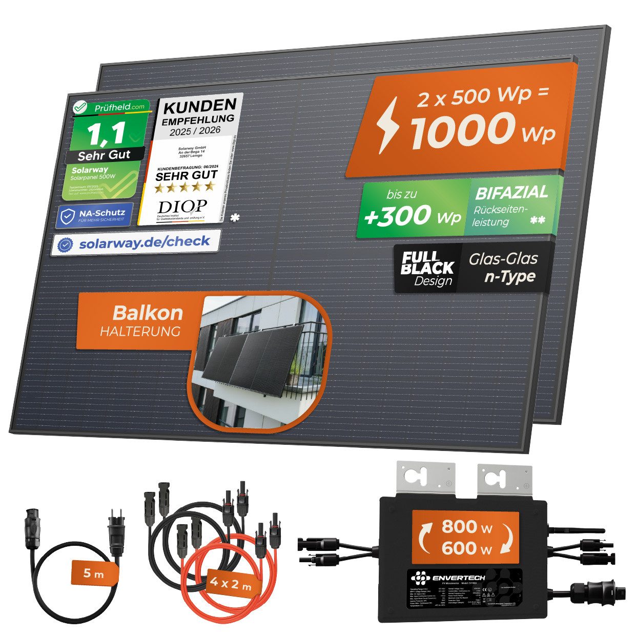 Solarway Balkonkraftwerk 1000W Komplettset Envertech 800 Watt Solaranlage Steckdose, 1000 W, Monokristallin, (Solaranlage Komplettset Premium - Solarmodule), IP – Bild 2 von 5