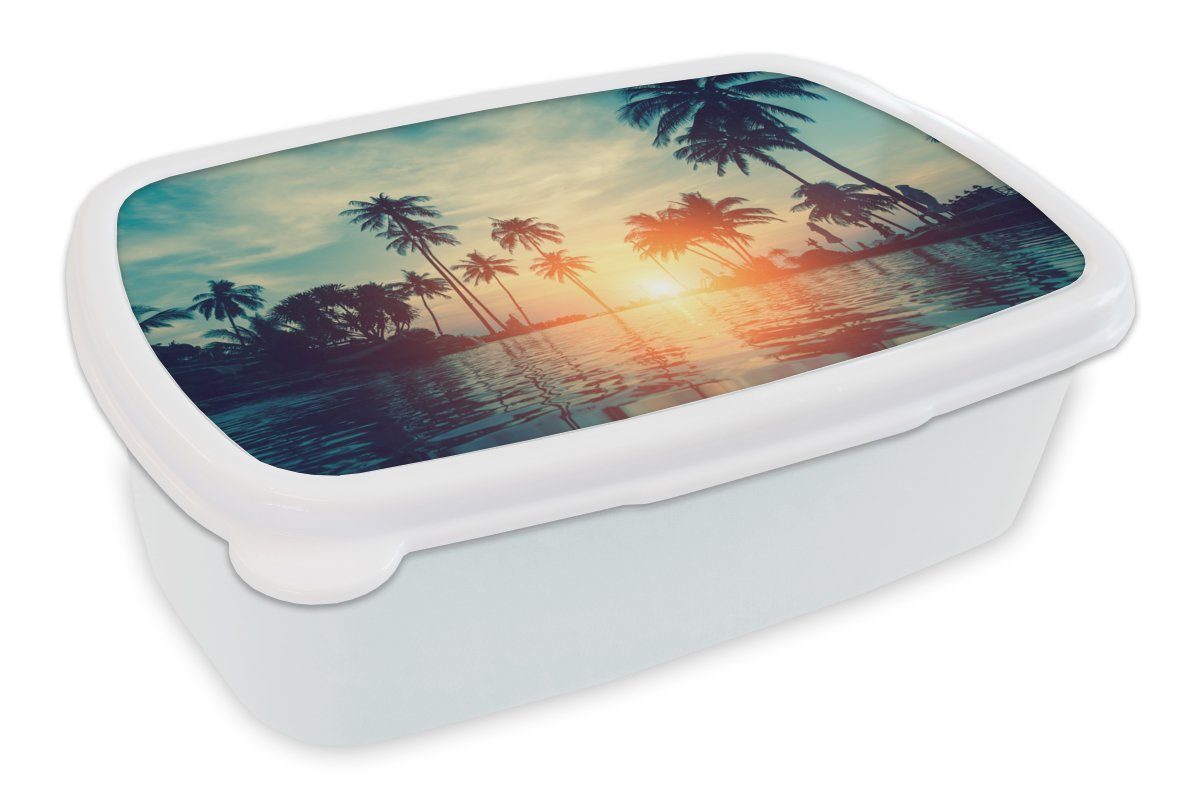 MuchoWow Lunchbox Meer - Sonnenuntergang - Palme - Wolken, Kunststoff, (2-tlg), Brotbox für Kinder und Erwachsene, Brotdose, für Jungs und Mädchen weiß