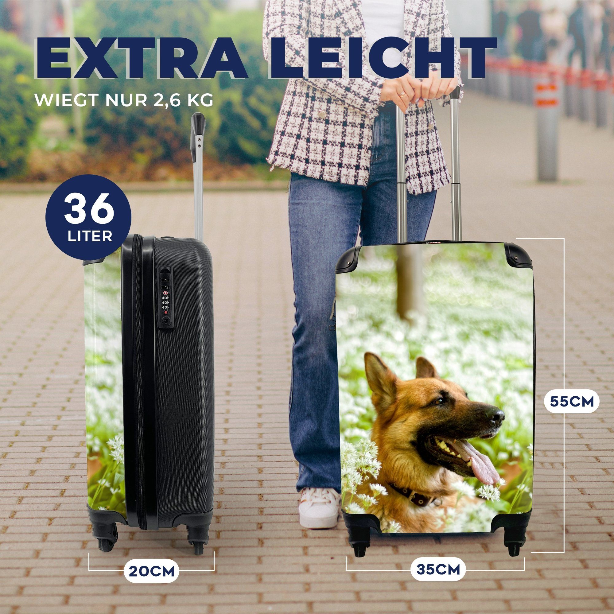 mit weißen Reisetasche 4 Rollen, für Handgepäckkoffer Deutscher der Schäferhund Blumen, Reisekoffer MuchoWow Handgepäck Trolley, Ferien, inmitten sitzt rollen,