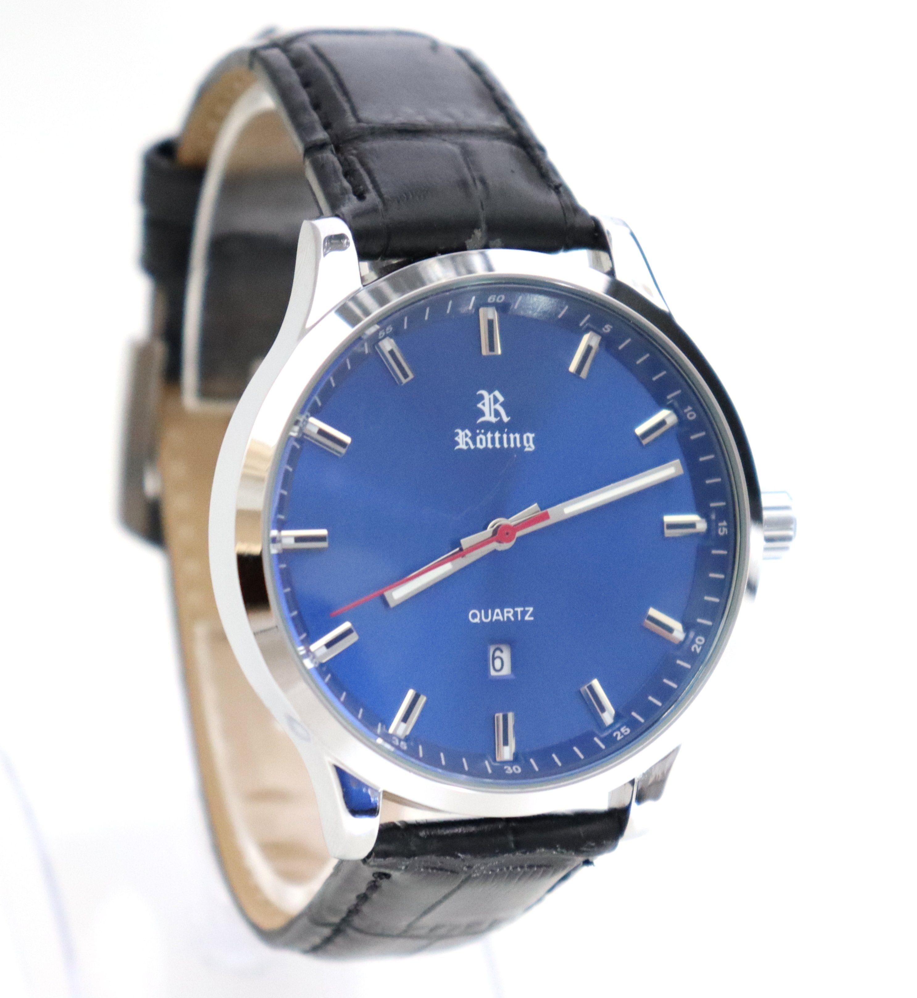 Rötting Design Quarzuhr Herrenuhr Armbanduhr blaues Ziffernblatt DATUM schwarzes Lederarmband, Edelstahl