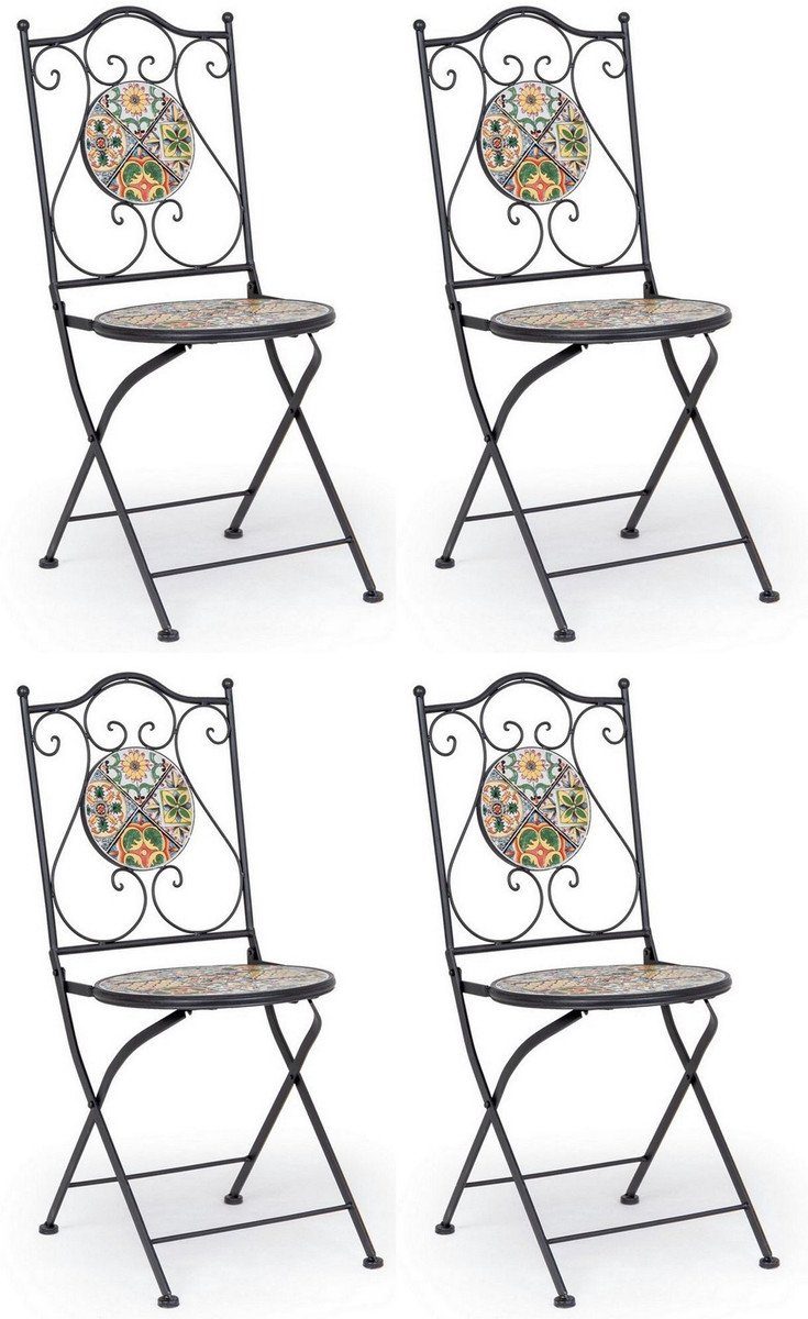 Casa Padrino Gartenstuhl Jugendstil Gartenstuhl 4er Set Schwarz /  Mehrfarbig 39 x 47 x H. 92 cm - Klappbare Stühle mit Keramik Platten -  Nostalgische Garten & Gastronomie Möbel