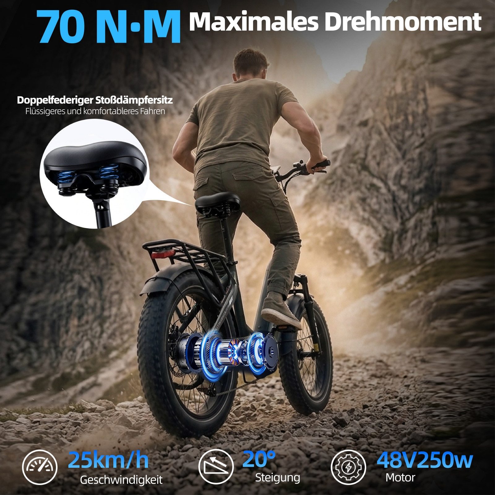 Vankel E-Bike Klapprad 20x4 Zoll, 70Nm, 860Wh, 140km, Drehmomentsensor, max. 150kg, 7 Gang SHIMANO, Kettenschaltung, Heckmotor, 870 Wh, (klappbar, LCD-Farbdispl – Bild 5 von 5
