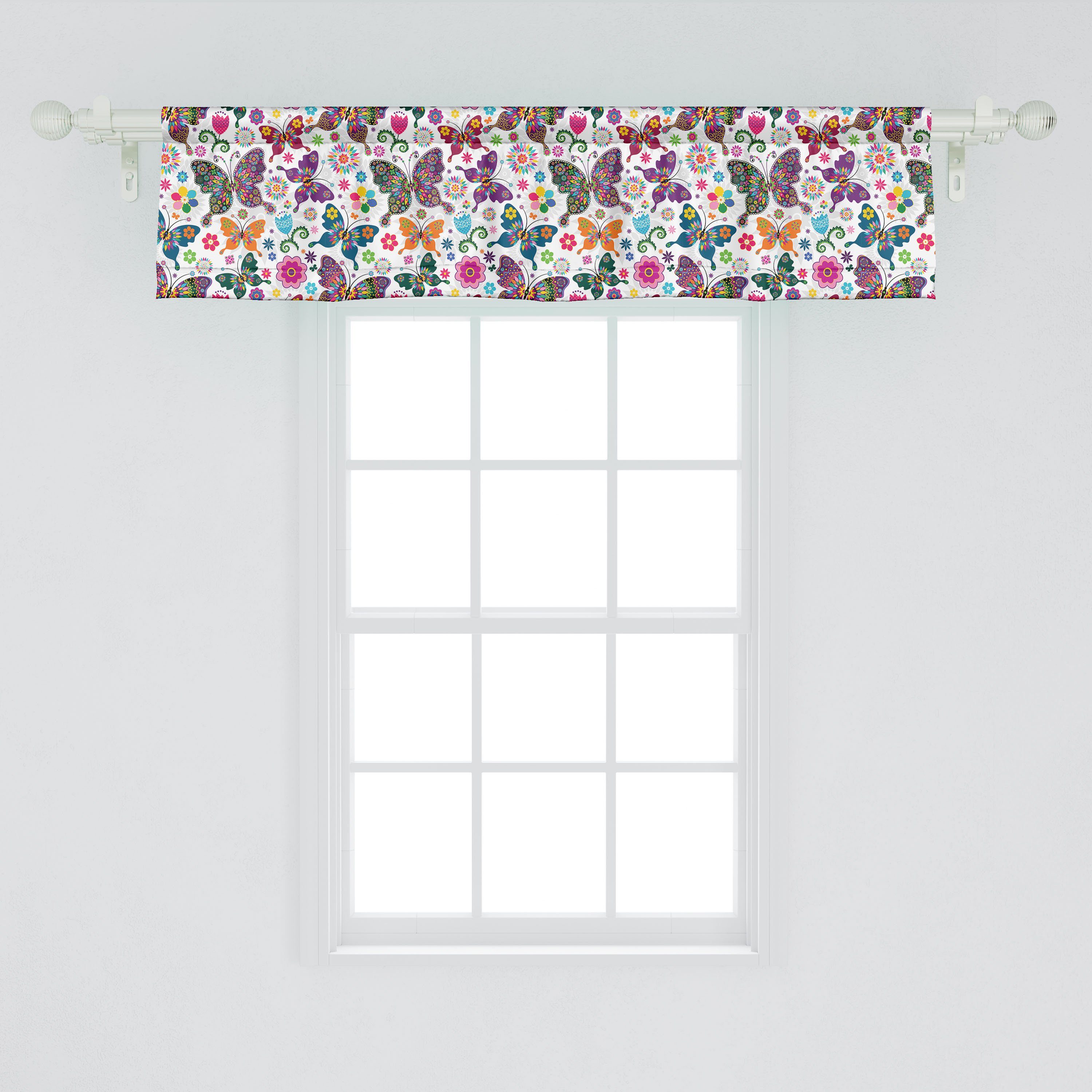 Vorhang Volant für Stangentasche, Scheibengardine Schmetterling Ornament mit Abakuhaus, Style Retro Microfaser, Küche Schlafzimmer Dekor