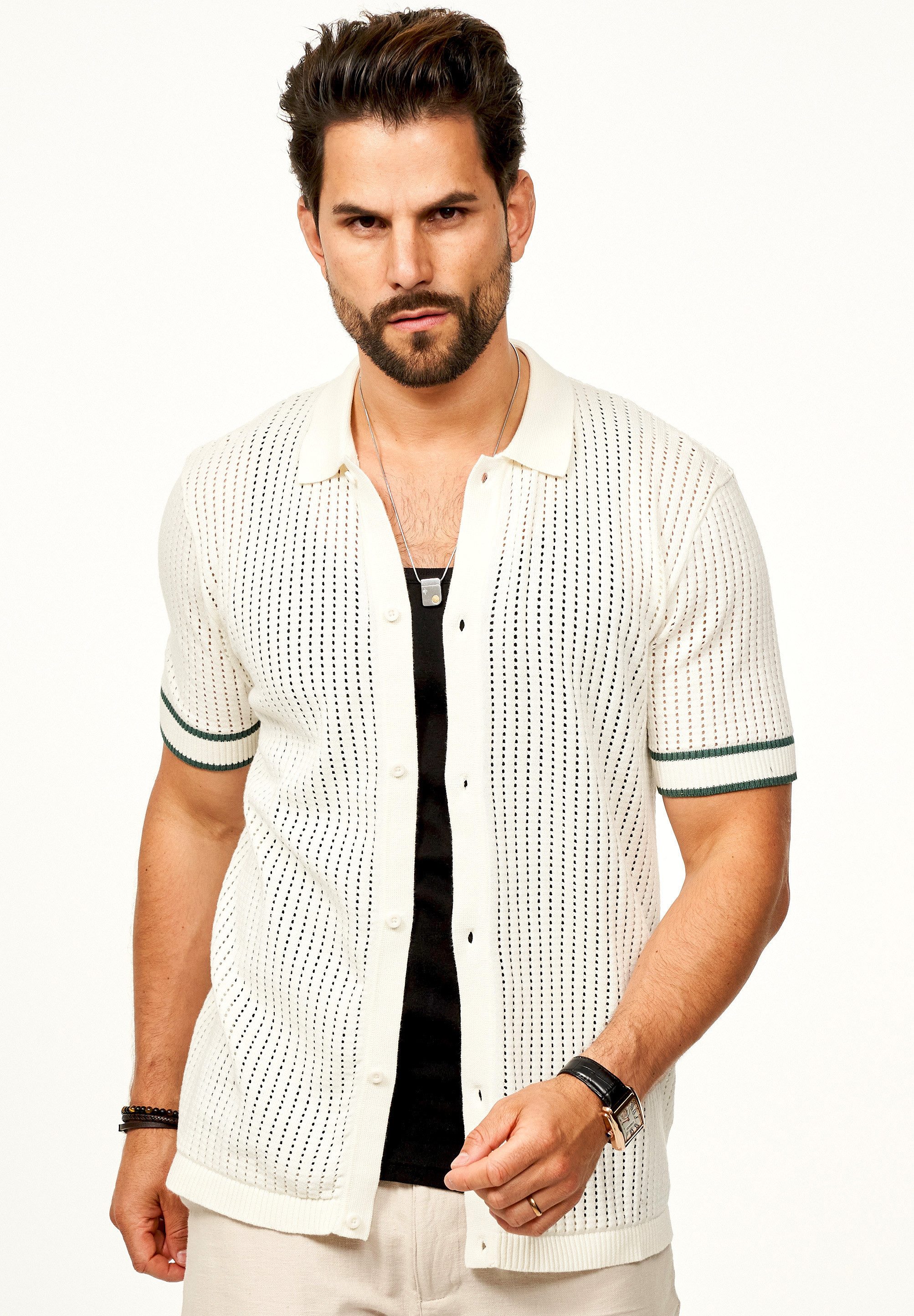 SOULSTAR Poloshirt im Vintage Summer-Look als Cardigan für Herren Kurzarm Strick Polo-Hemd T-Shirt Kurze Strickjacke