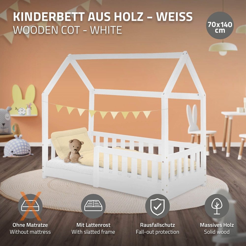 ML-DESIGN Spielbett Hausbett Kinderbett inkl. Lattenrost kreativ Bodenbett für Kinder, Abenteuerbett zum Spielen mit Rausfallschutz Kiefer Weiß Himmelbett – Bild 2 von 5