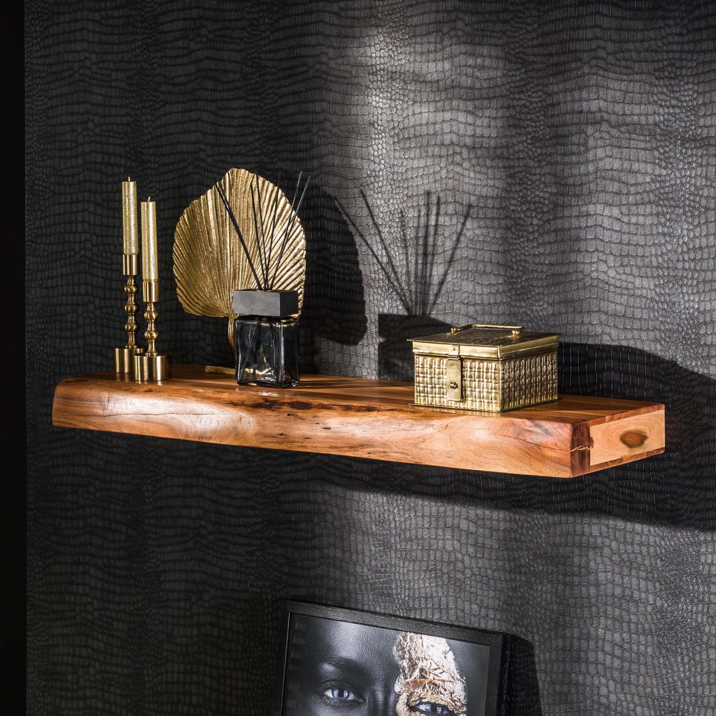 alesvelt Wandregal TREE 100 Massives Akazienholz-Schweberegal mit echter Baumkante, 100x25x8cm