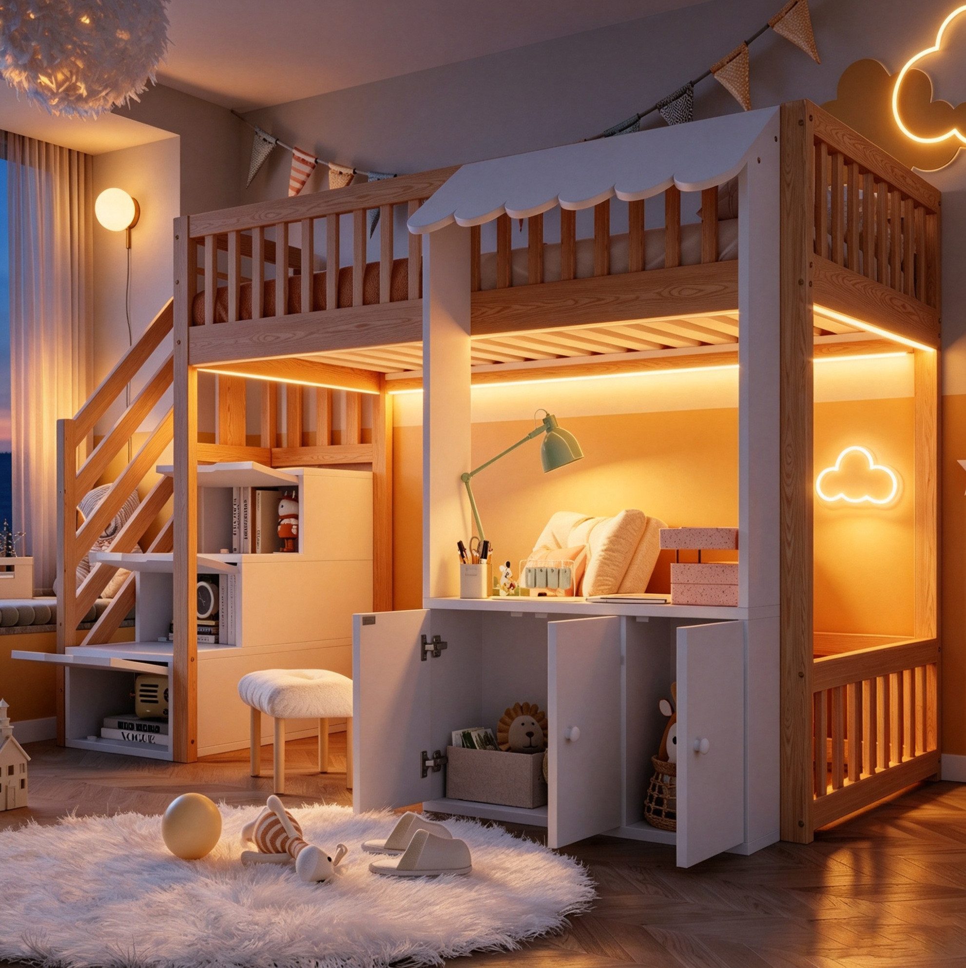 MODFU Hochbett mit mehrfarbiger LED-Lichtleiste und Lattenrost (Stauraumbett Jugendbett mit Stauraumtreppe, Traufendesign, Holzbett 90×200 cm) ohne Matratze