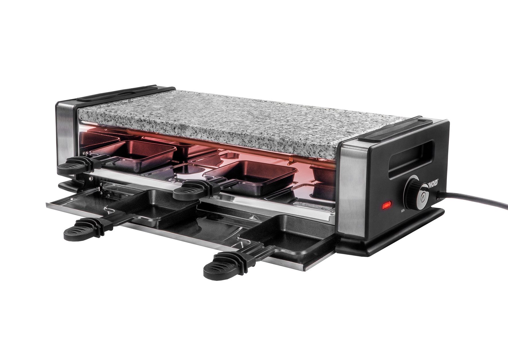 Unold Раклетници Delice Basic 48760, 8 Раклетнициpfännchen, 1200 W, Grillplatte wendbar mit Naturstein-Grillplatte