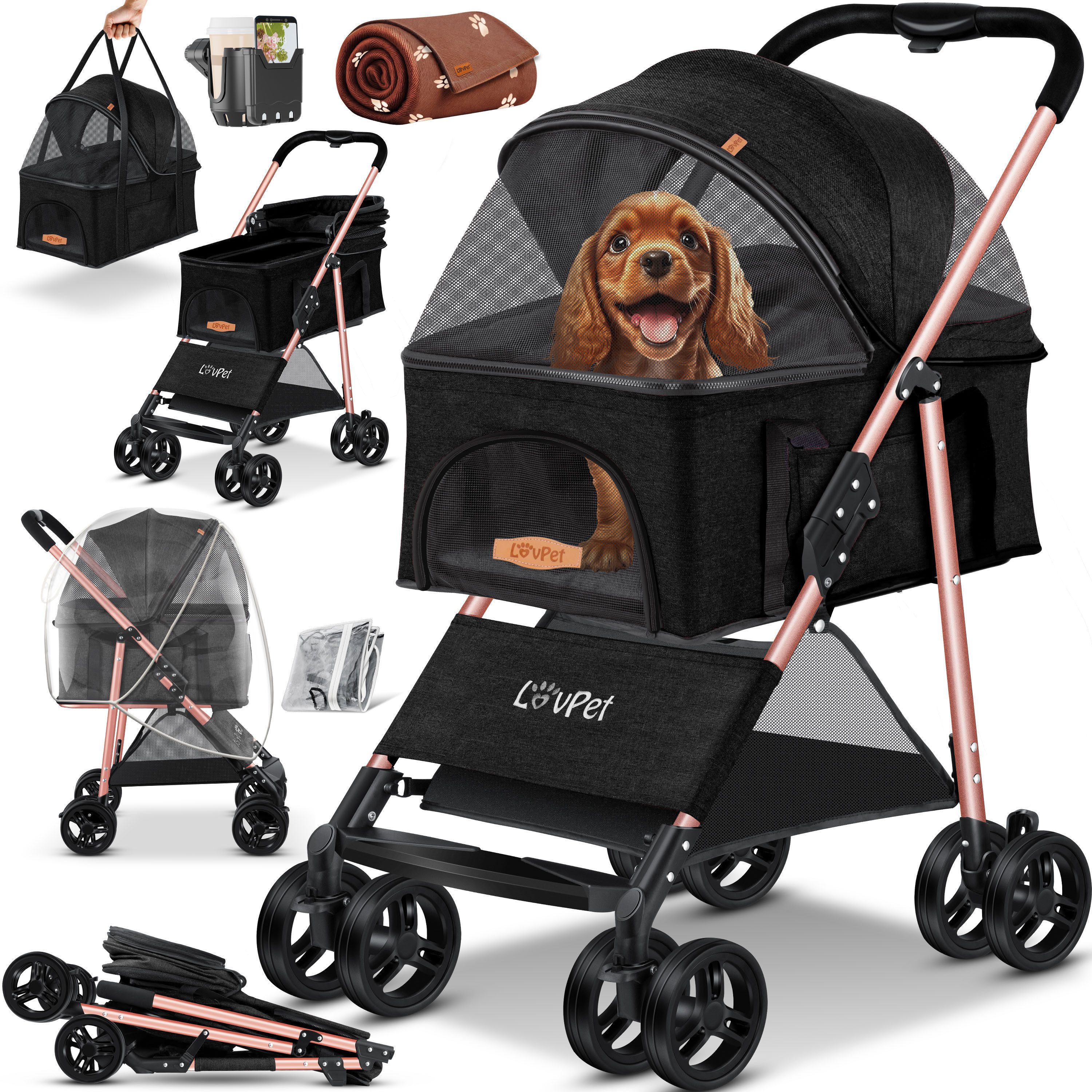 Lovpet Hundebuggy 2in1 Hundewagen max. bis 20kg Buggy für Haustiere, (Hundebox & Tasche mit Regenschutzabdeckung Getränkehalter Kuscheldecke), Haustier- & Katzenbuggy faltbar & klappbar mit Netzfenster