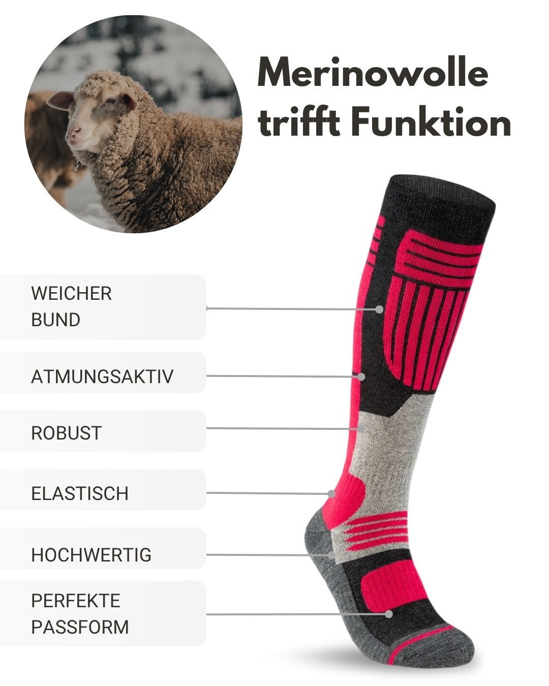 sockenkauf24 Skisocken Merino Damen 2 Paar Ski Kniestrümpfe Merinowolle (2-Paar) atmungsaktive Skisocken mit verstärkten Belastungszonen