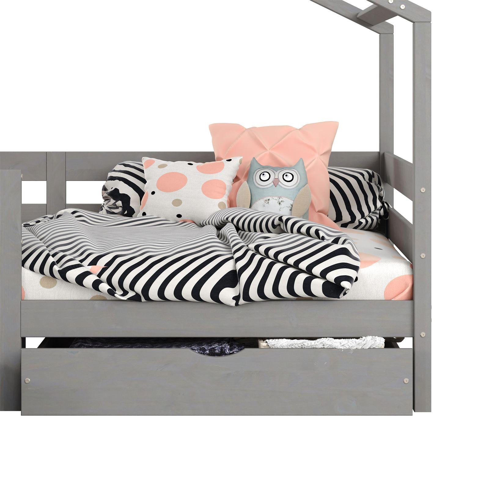 Kiefe Hausbett Kinderbett 200 Kinderbett ENA, Rausfallschutz grau Tipi 90 x IDIMEX Montessori Bett
