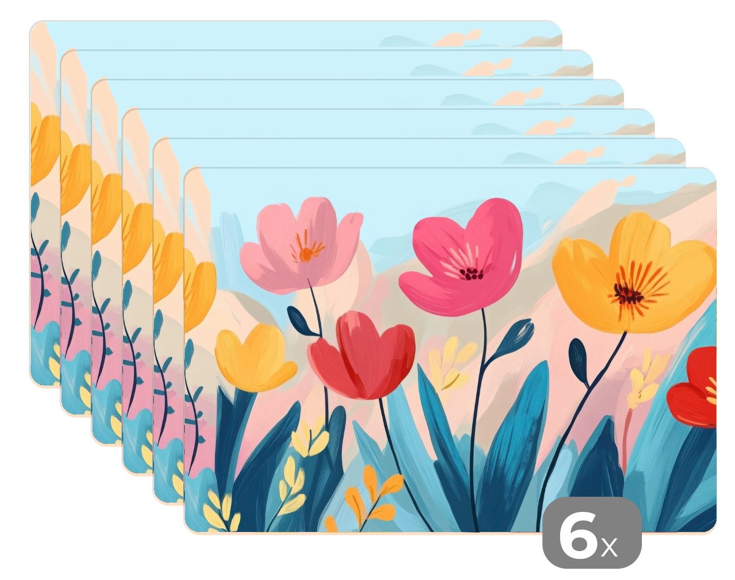 MuchoWow Platzset Illustration - Blumen - Farbenfroh, (6-St), Platzsets, Tischset, Abwaschbar, Tischsets, Platzdeckchen