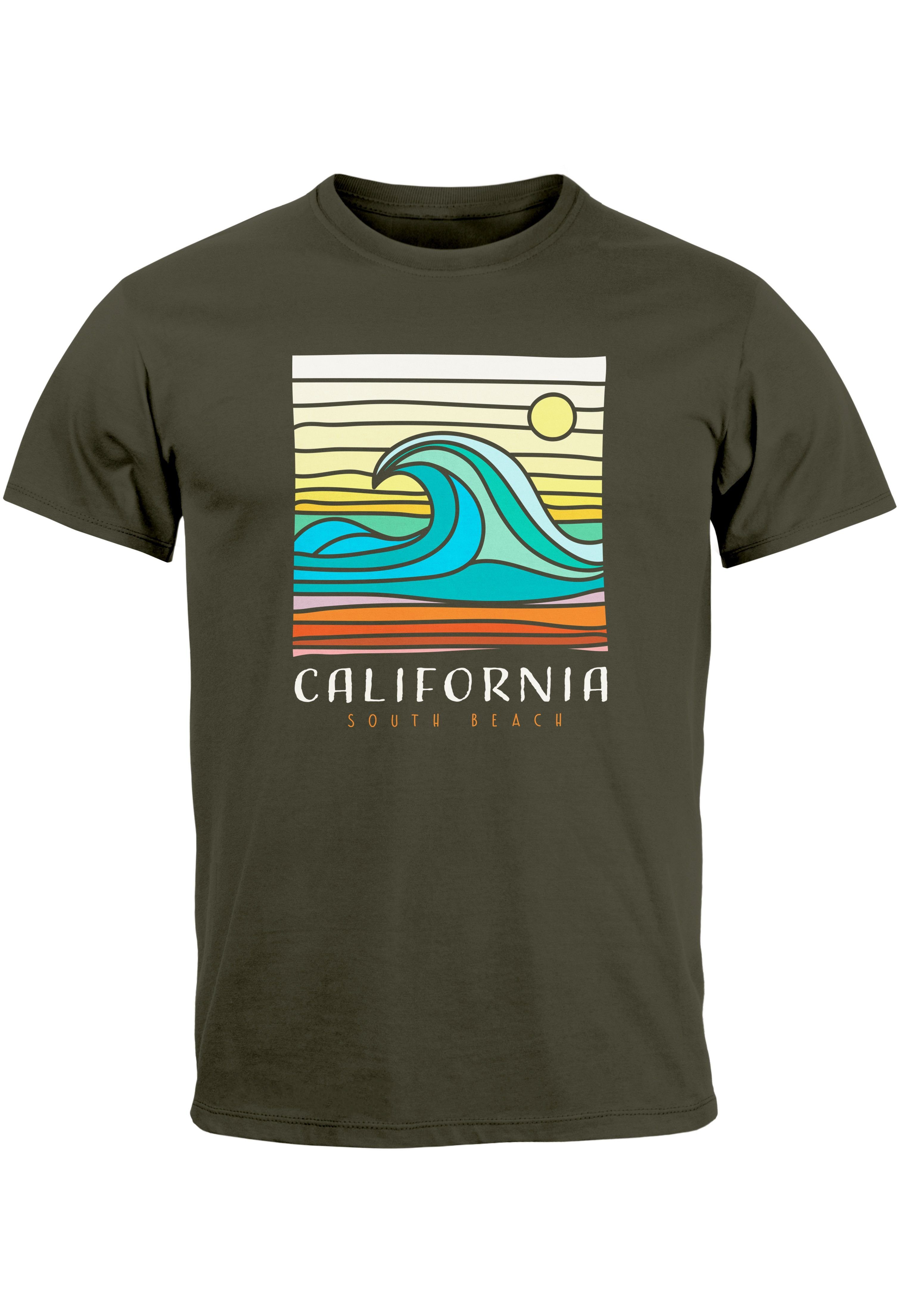 Neverless Print-Shirt Herren T-Shirt California South Beach Welle Wave Surfing Print Aufdruc mit Print army