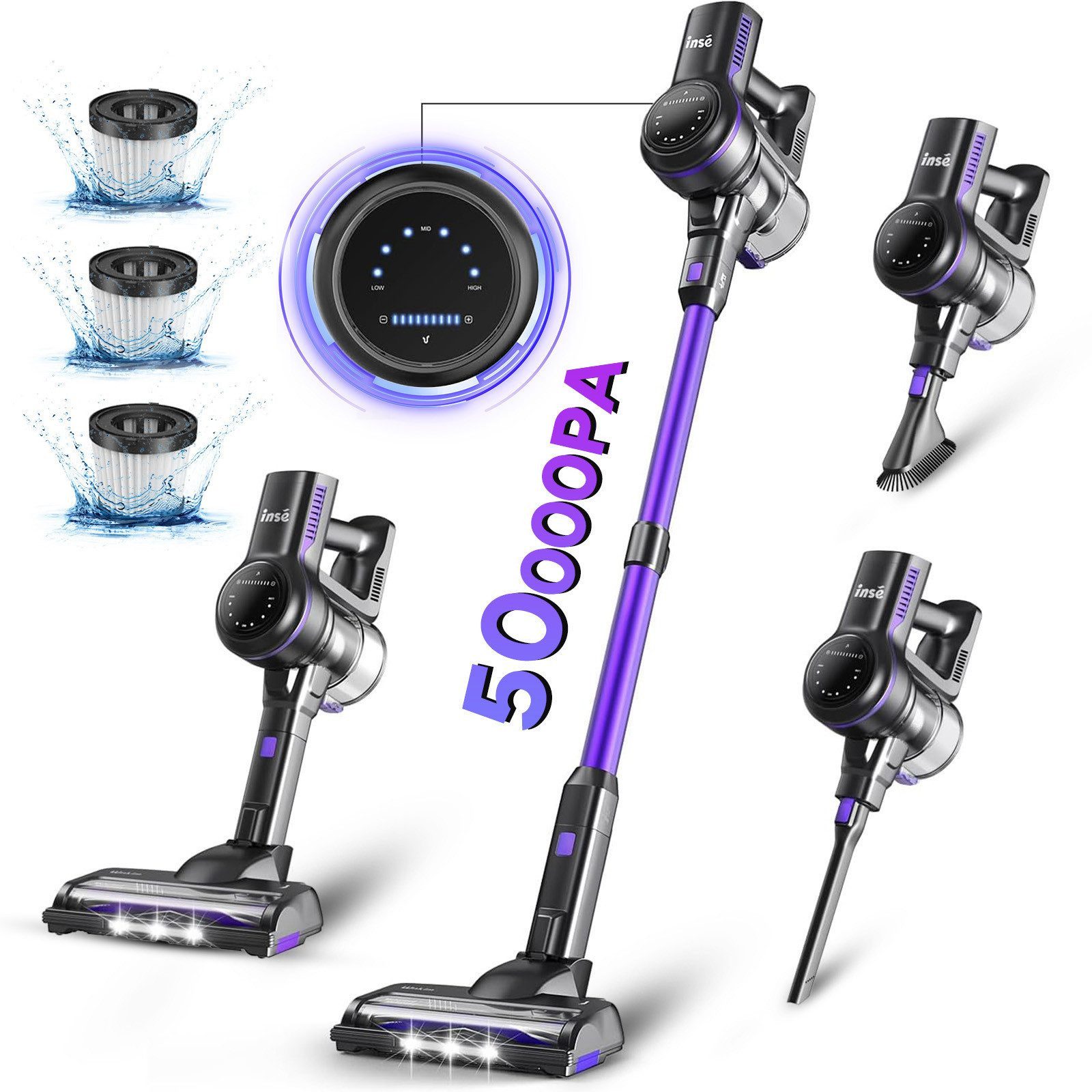 INSE Akku-Hand-und Stielstaubsauger 50000Pa,AkkuStaubsauger 60 Minuten, 1.2L,3 HEPA Filter Akkusauger, Akku Staubsauger, LED-Anzeige,3 Saugstufen,Handstaubsauger Kabelloser