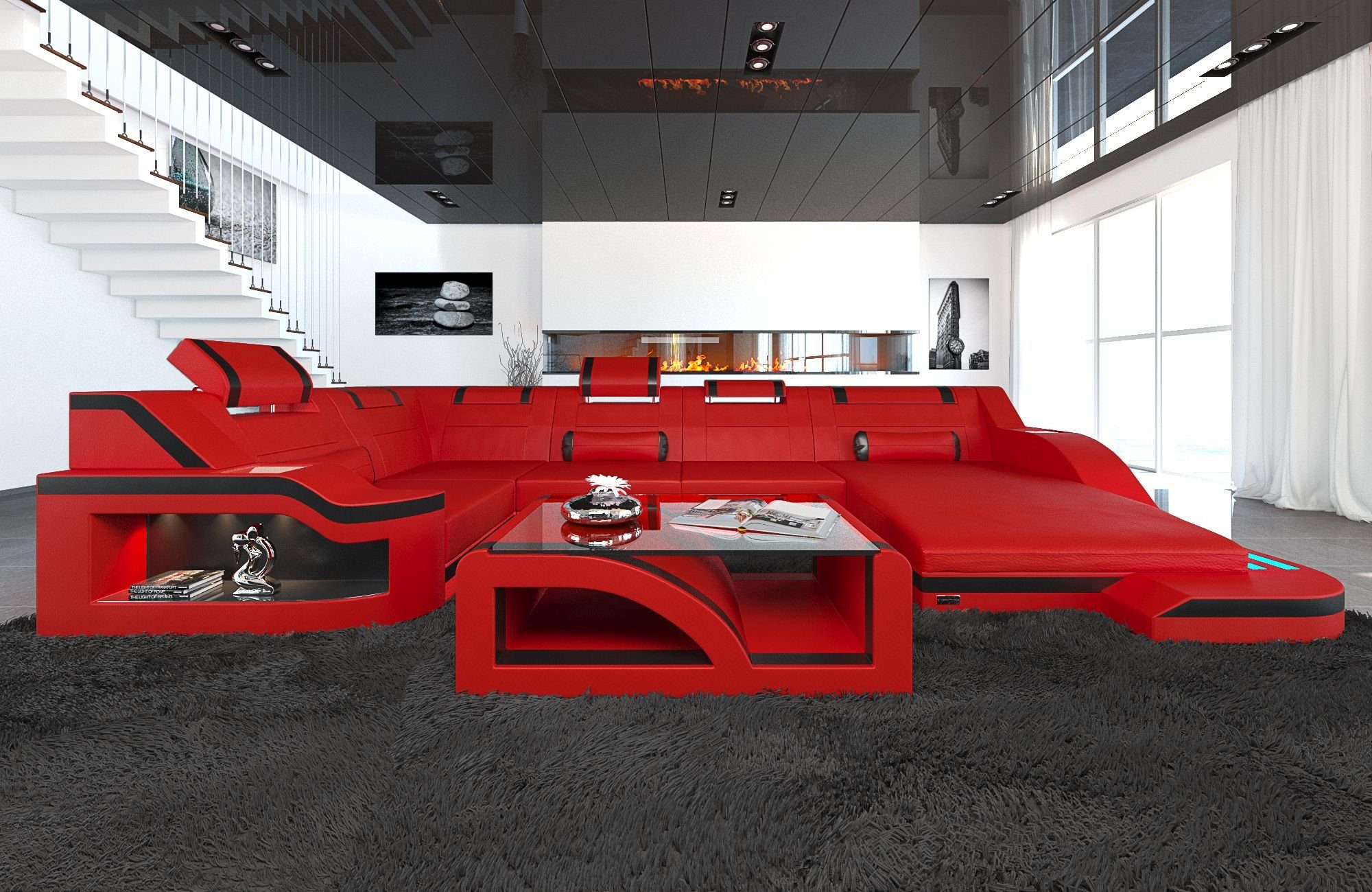 Sofa Dreams Wohnlandschaft Sofa Ledercouch Leder Palermo U Form Ledersofa, Couch, mit LED, wahlweise mit Bettfunktion als Schlafsofa, Designersofa
