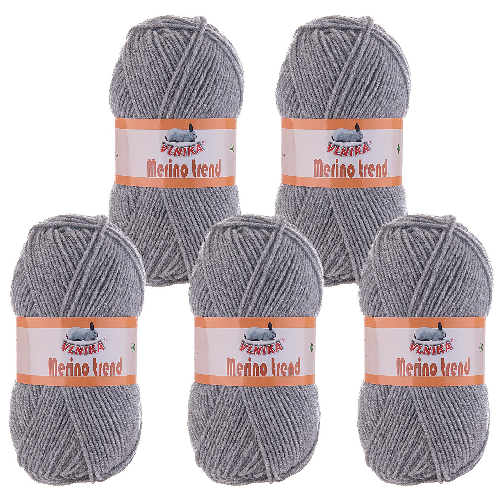 VLNIKA 5 x 100g Strickgarn Merino trend Häkelwolle, 200 m, 117 grau