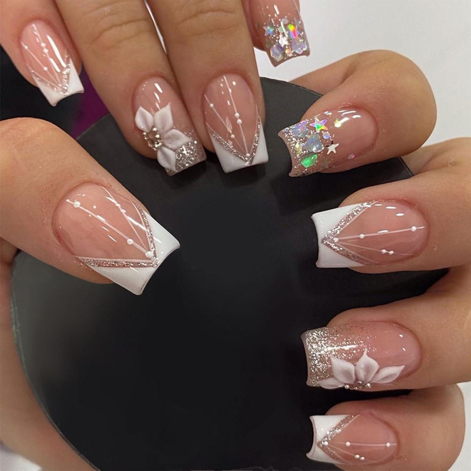 LuxusKollektion Kunstfingernägel Künstliche Nägel 24er Set eckig glänzend rosa zum Aufkleben mit Strass