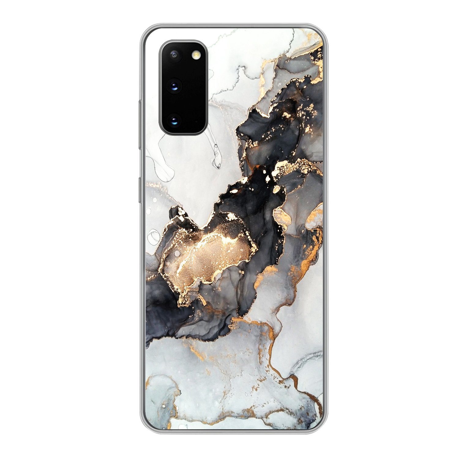 MuchoWow Handyhülle für Samsung Galaxy S20 Marmor - Schwarz - Weiß - Gold - Luxus - Abstra, Phone Case, Silikon, Schutzhülle Dünn